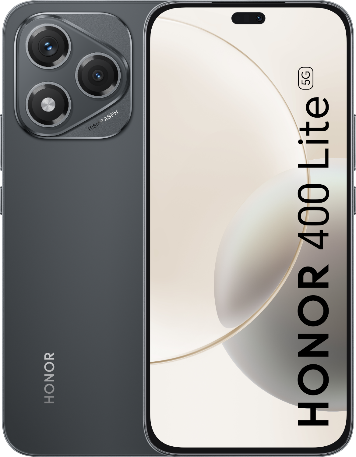Een grijze mobiele telefoon met drie camera's op de achterkant. Het scherm toont een lichte, abstracte afbeelding.
