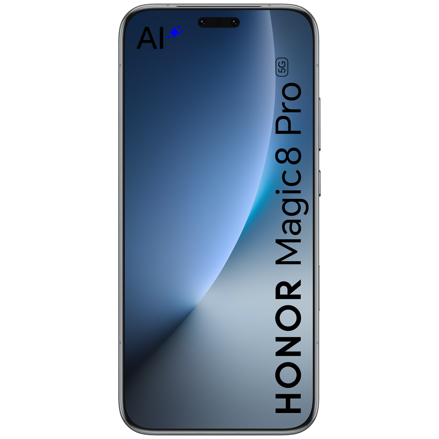 Een Honor Magic 8 Pro 5G smartphone met blauwe achtergrond en "AI"-logo.