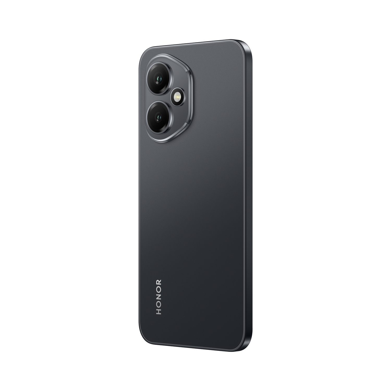 Zwarte Honor-telefoon, schuine achteraanzicht. Dubbele camera's en Honor-logo. Witte achtergrond.