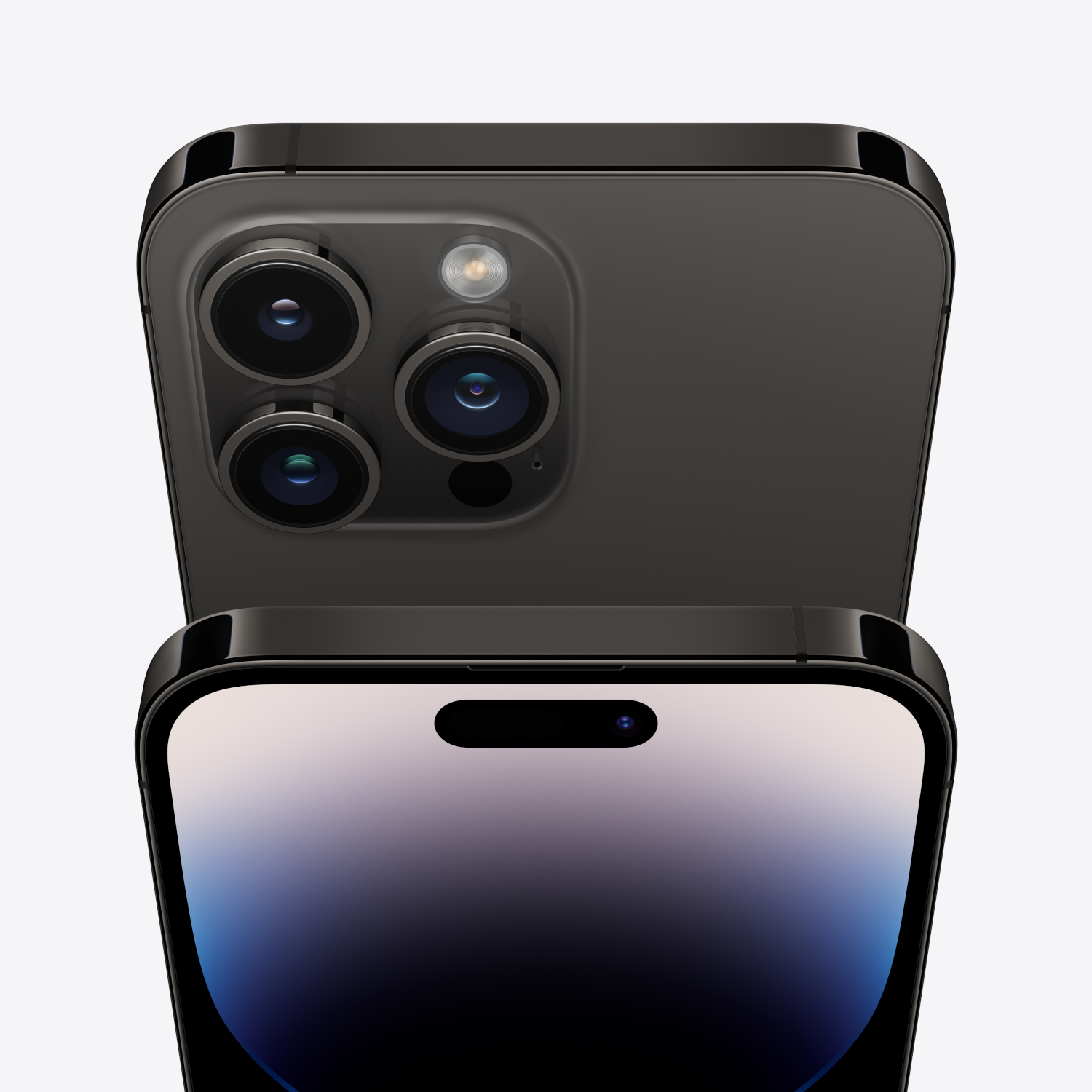 Achterkant van een donkergrijze smartphone met drie camera's en voorkant met Dynamic Island.