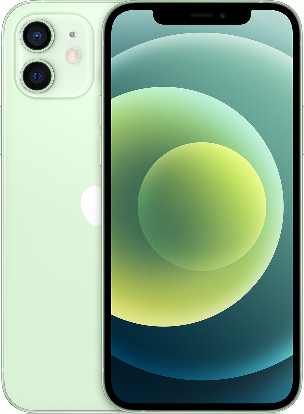 Groene iPhone 12. Achterkant en voorscherm, met een verloopachtergrond.