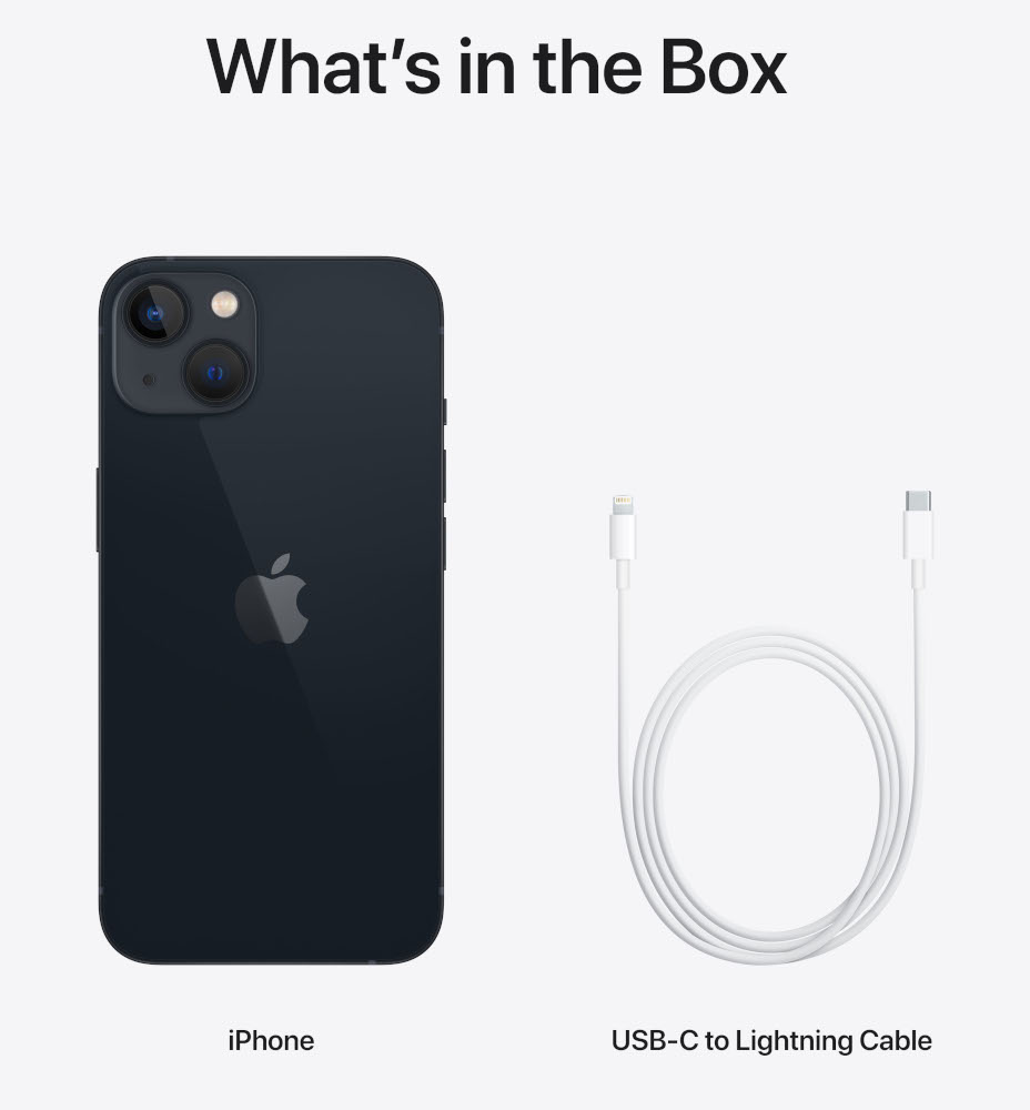 iPhone en oplaadkabel in een doos, witte achtergrond met tekst.