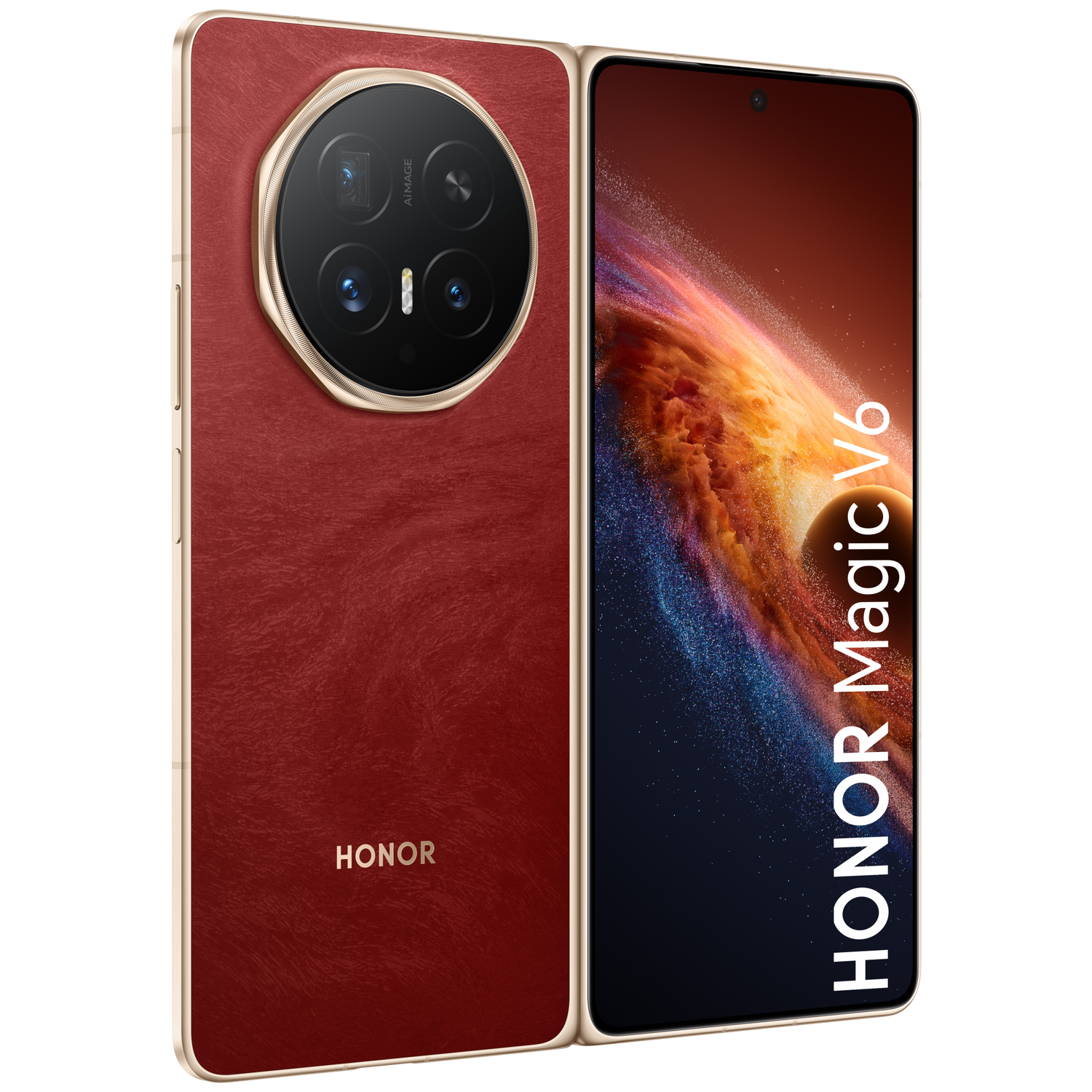 Een rode Honor Magic V6 telefoon met gouden rand en vier camera's.