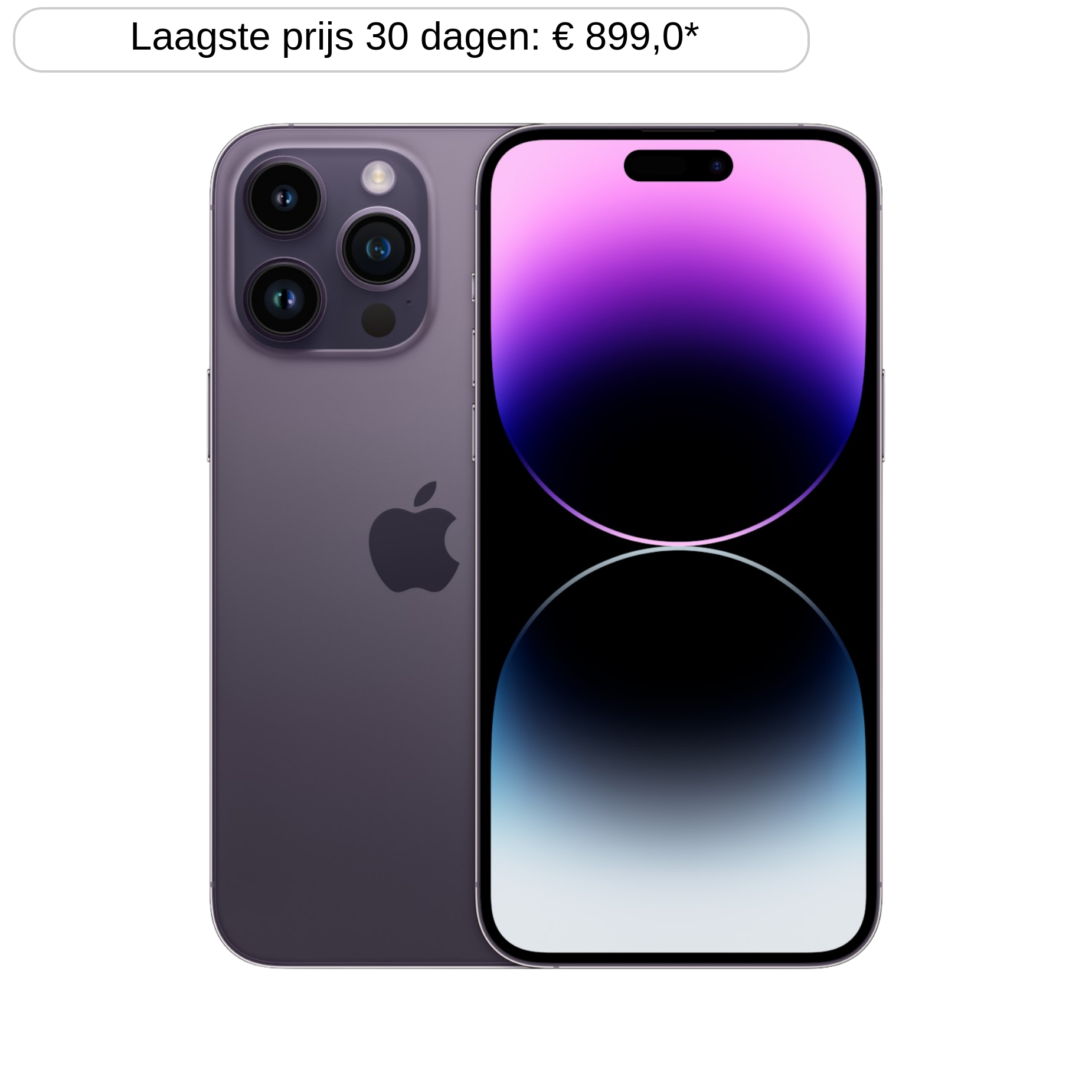 Voor- en achteraanzicht van een paarse smartphone met driedubbele camera en helder scherm.