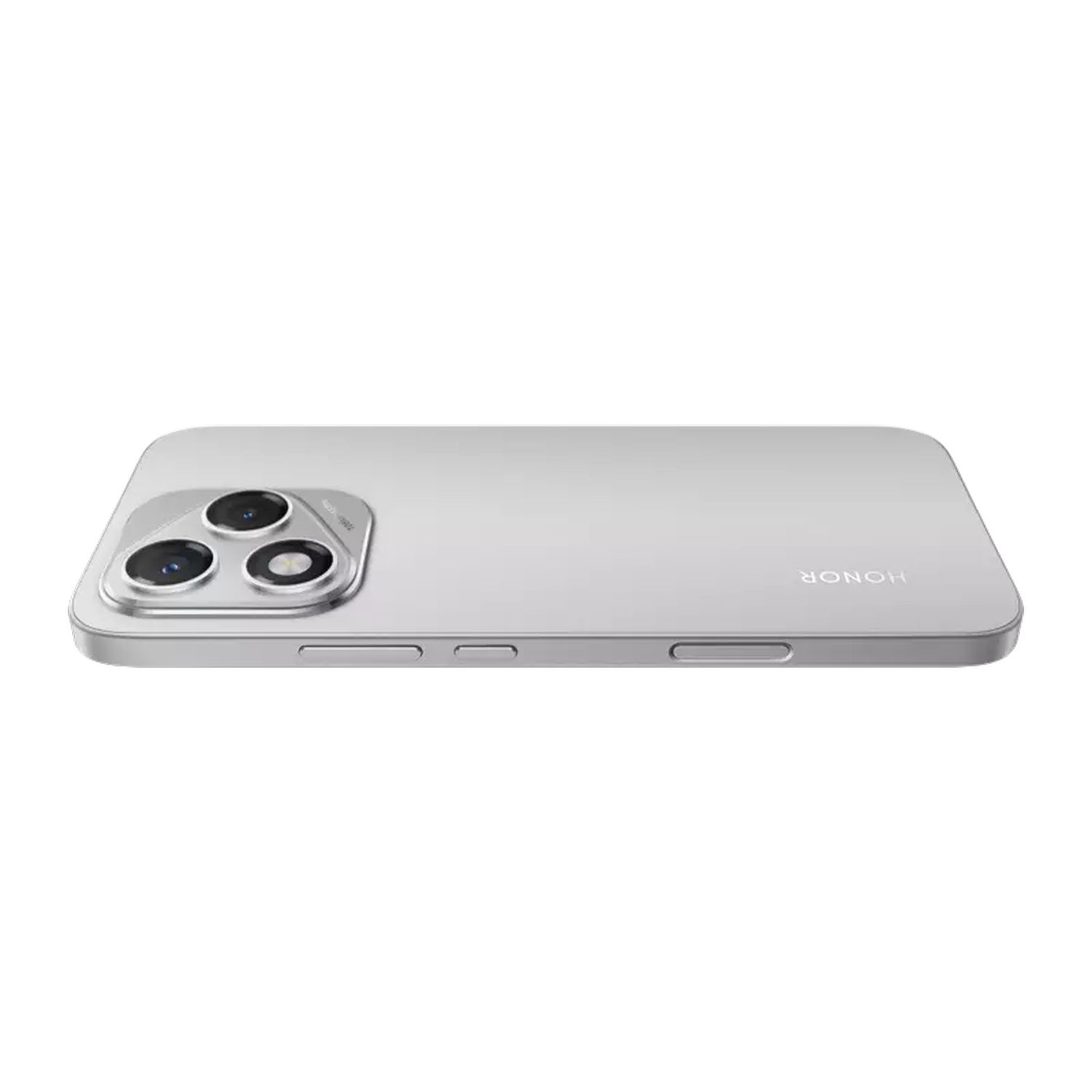 Zilveren smartphone met drie camera's aan de achterkant en het Honor-logo.