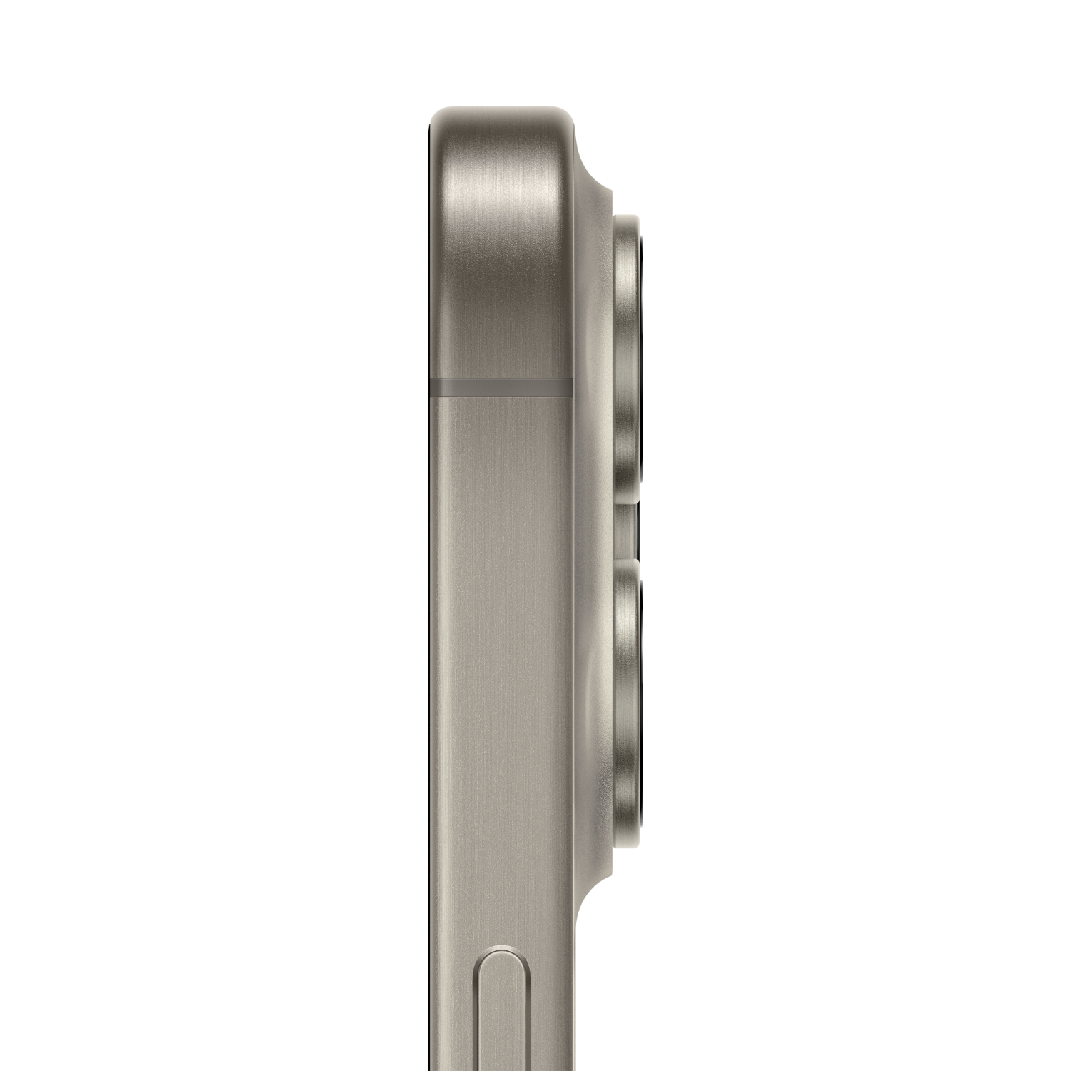 Zijaanzicht van een zilver-grijze smartphone met drie cameralenzen. Witte achtergrond.