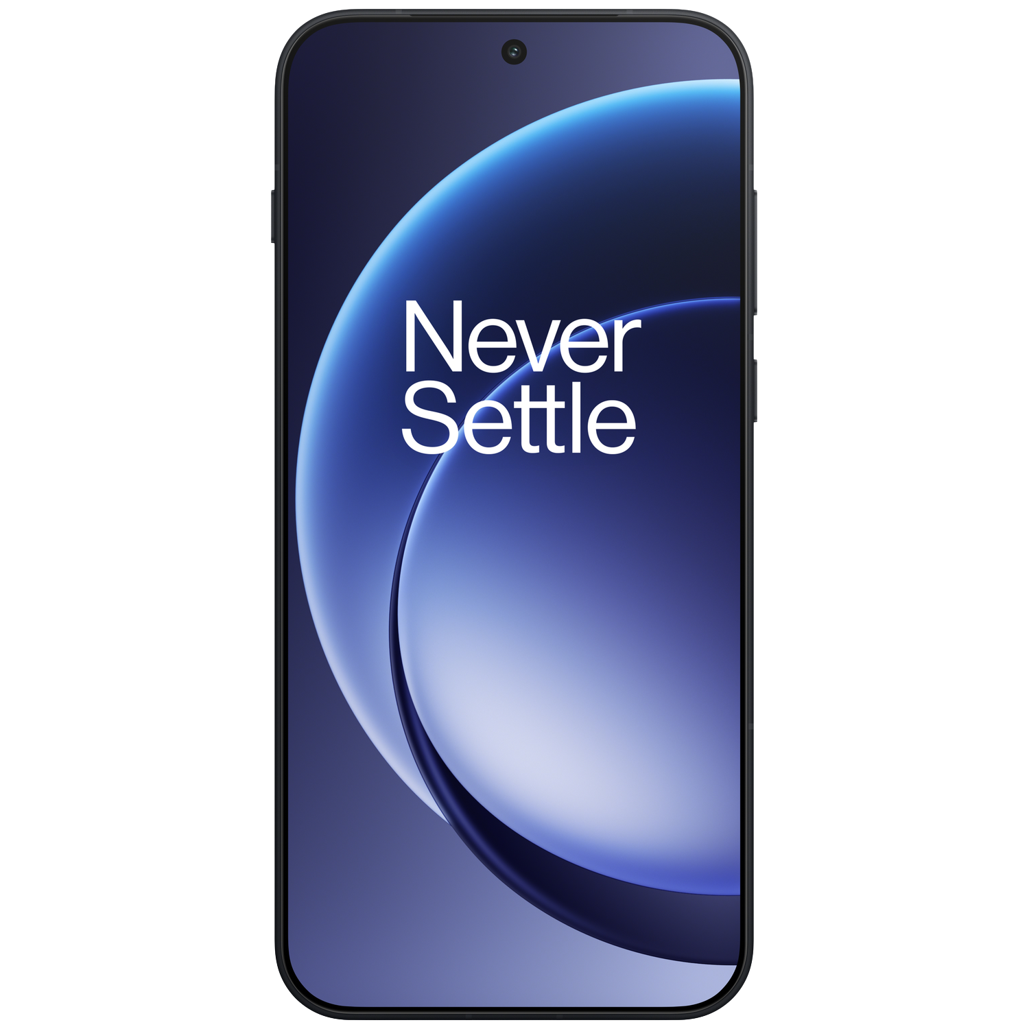 Een smartphone met een zwart frame en een scherm met een blauw-witte afbeelding met de woorden 'Never Settle'.