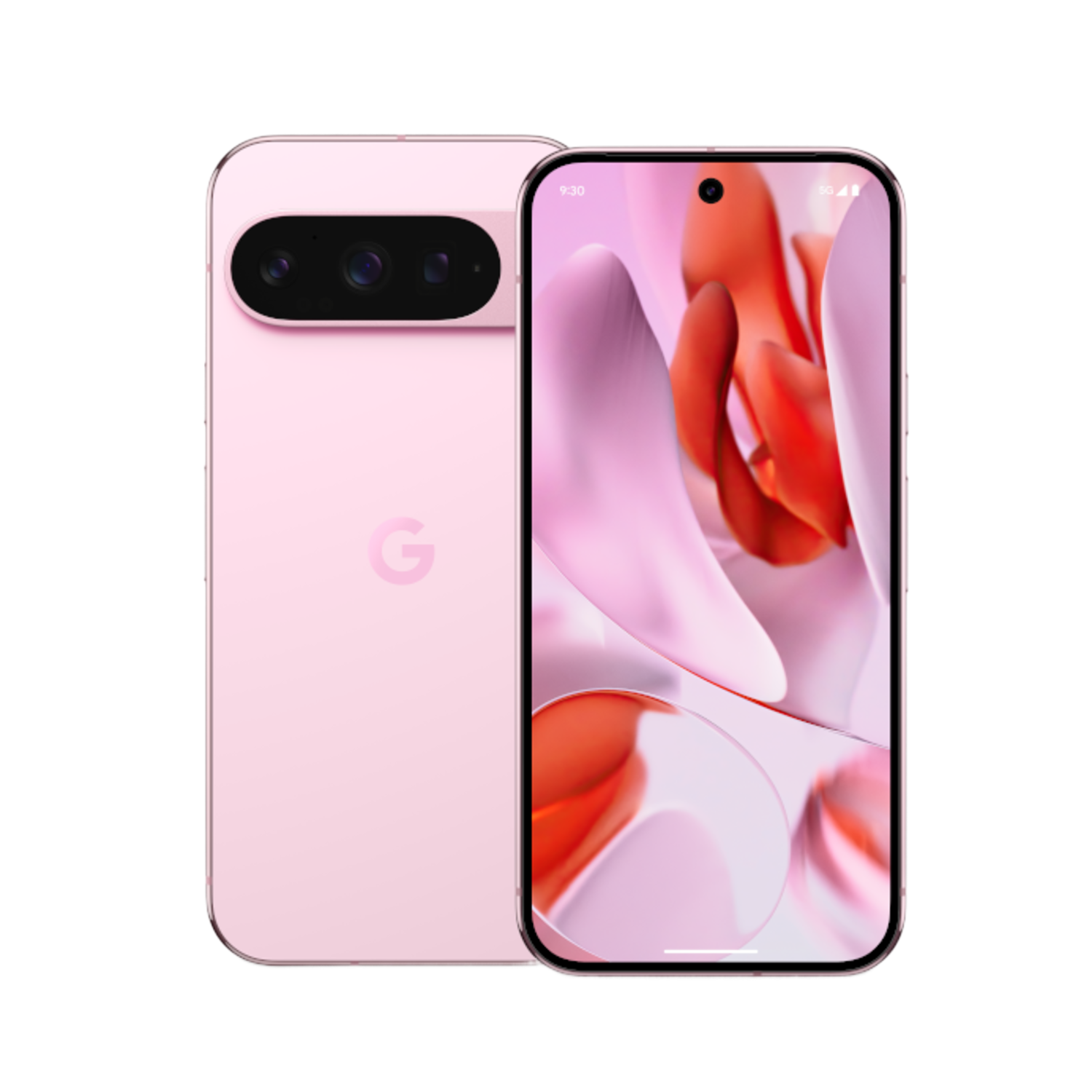 Een roze Google-telefoon met een camerabalk, met een roze bloemenachtergrond op het scherm.
