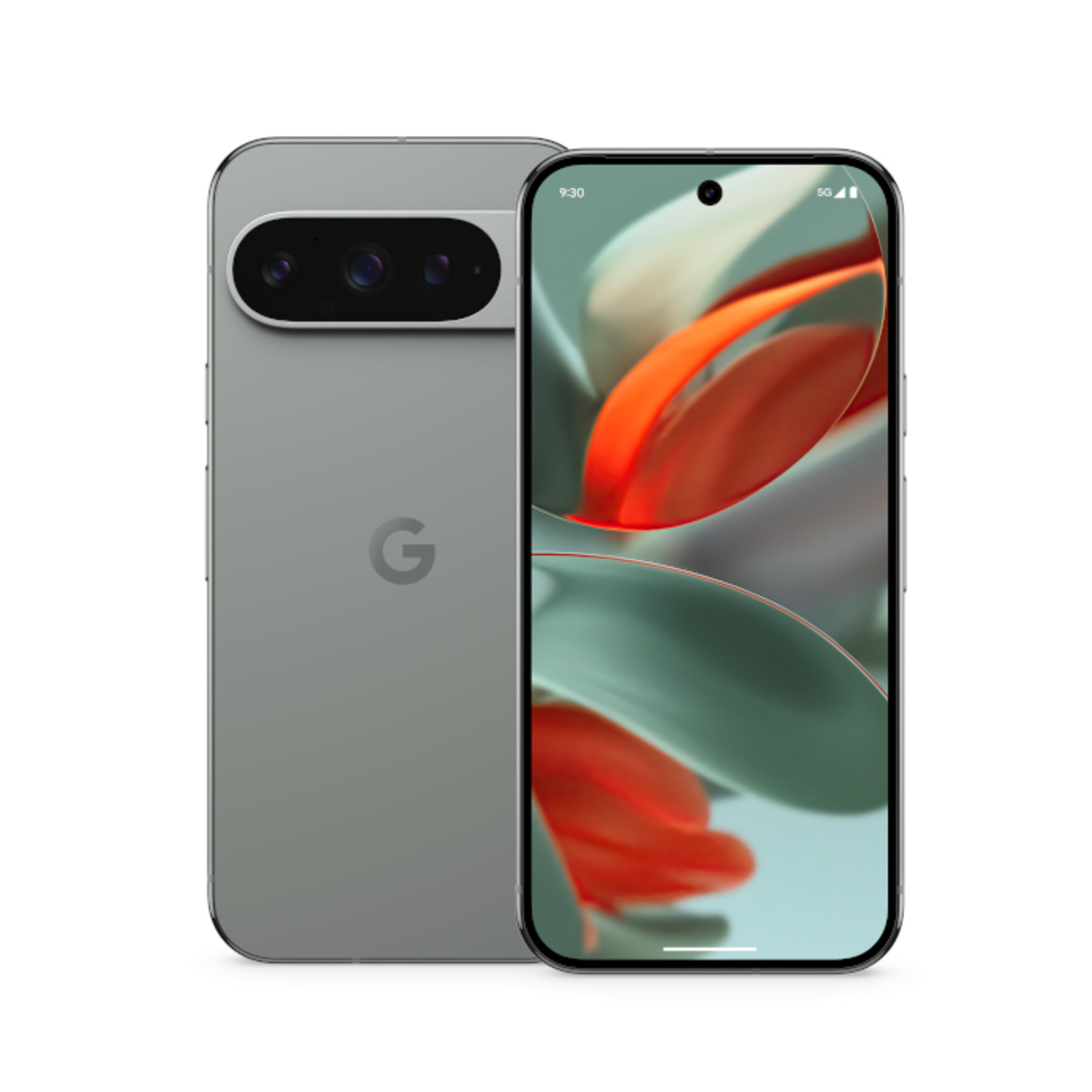 Grijze smartphone met een camerabult. De telefoon heeft een scherm met een kleurrijke abstracte afbeelding.