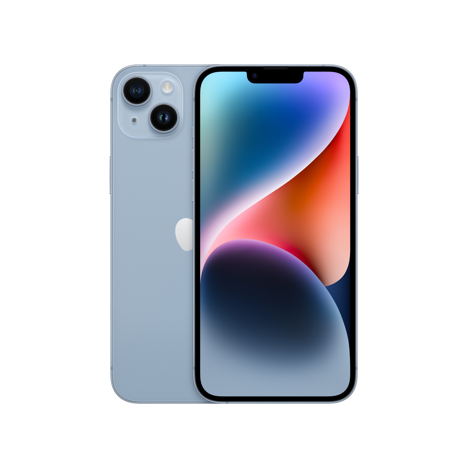 Lichtblauwe iPhone 14 met dubbele camera's. Achter- en voorkant zichtbaar.