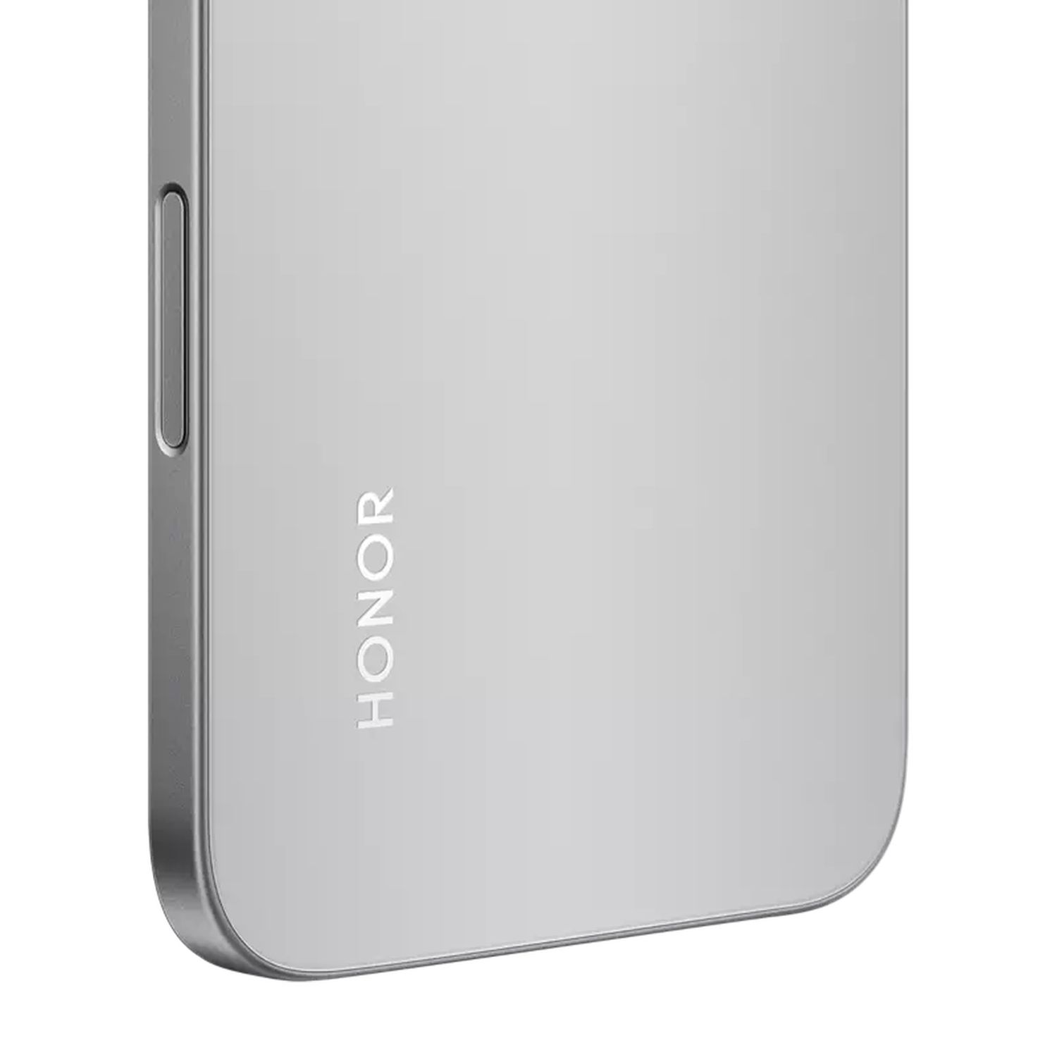Close-up van een zilveren telefoon met het woord HONOR erop.