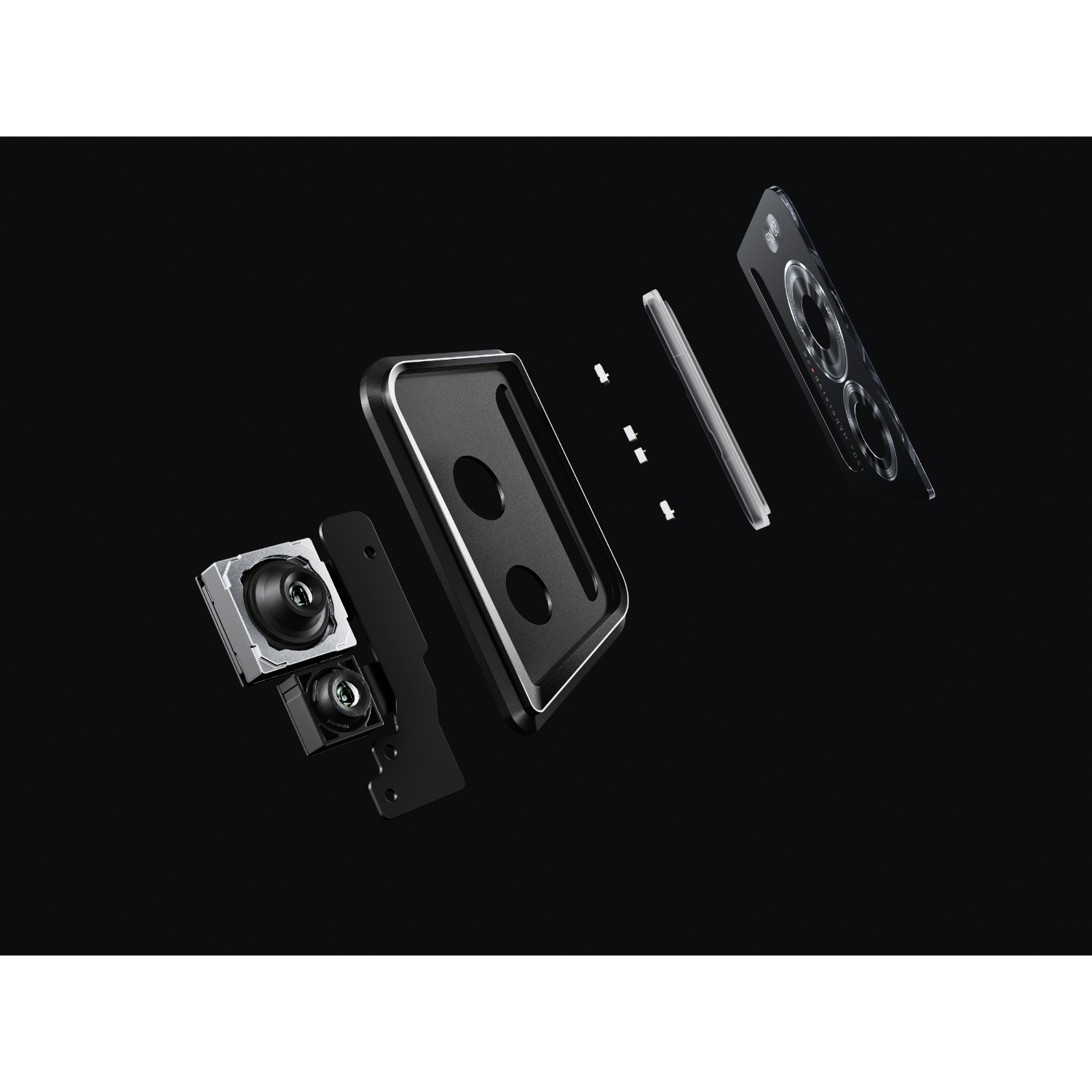 Exploded view van een smartphonecamera met lenzen, onderdelen en zwarte achtergrond.