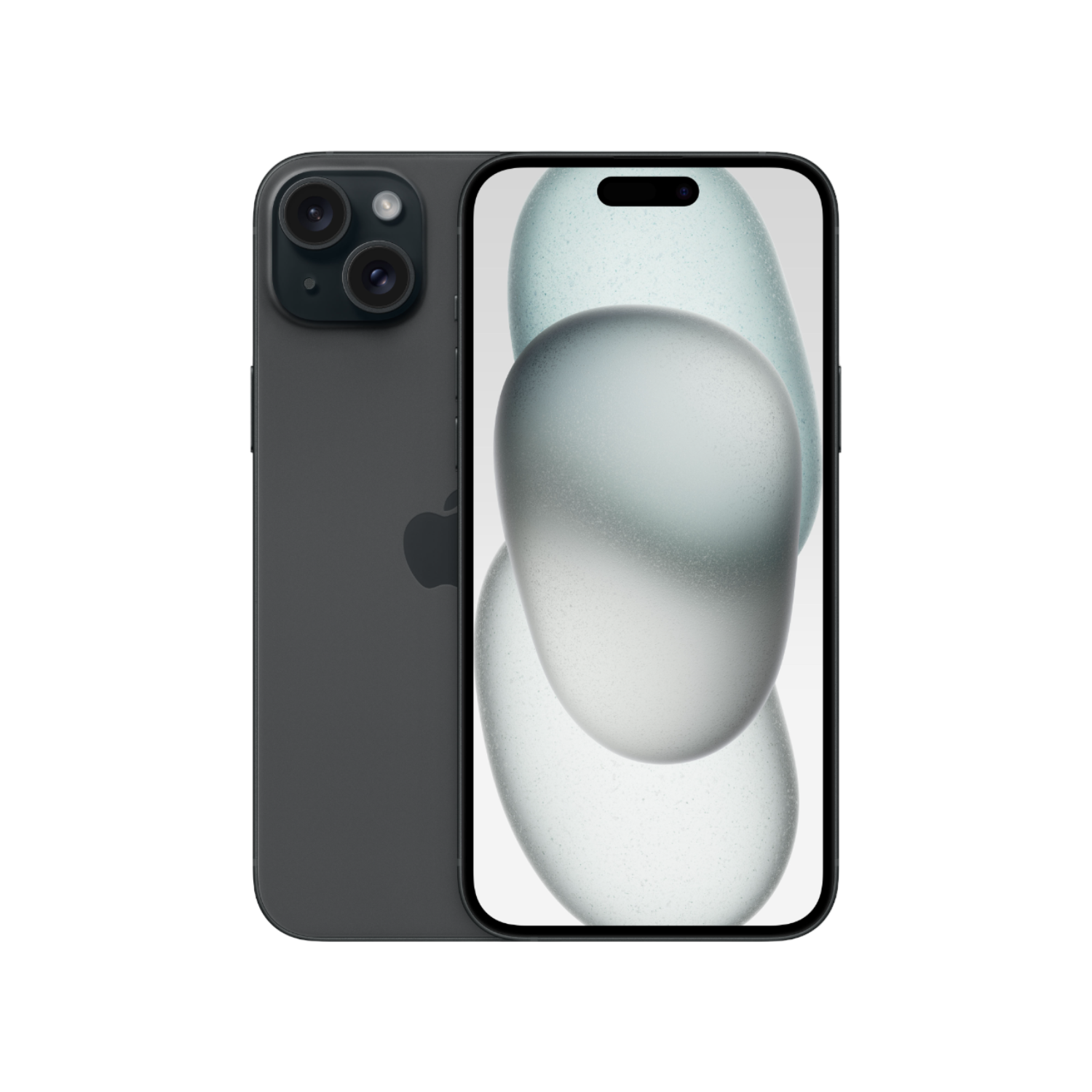 Donkergrijze telefoon met drievoudige camera's en abstract ontwerp op scherm.