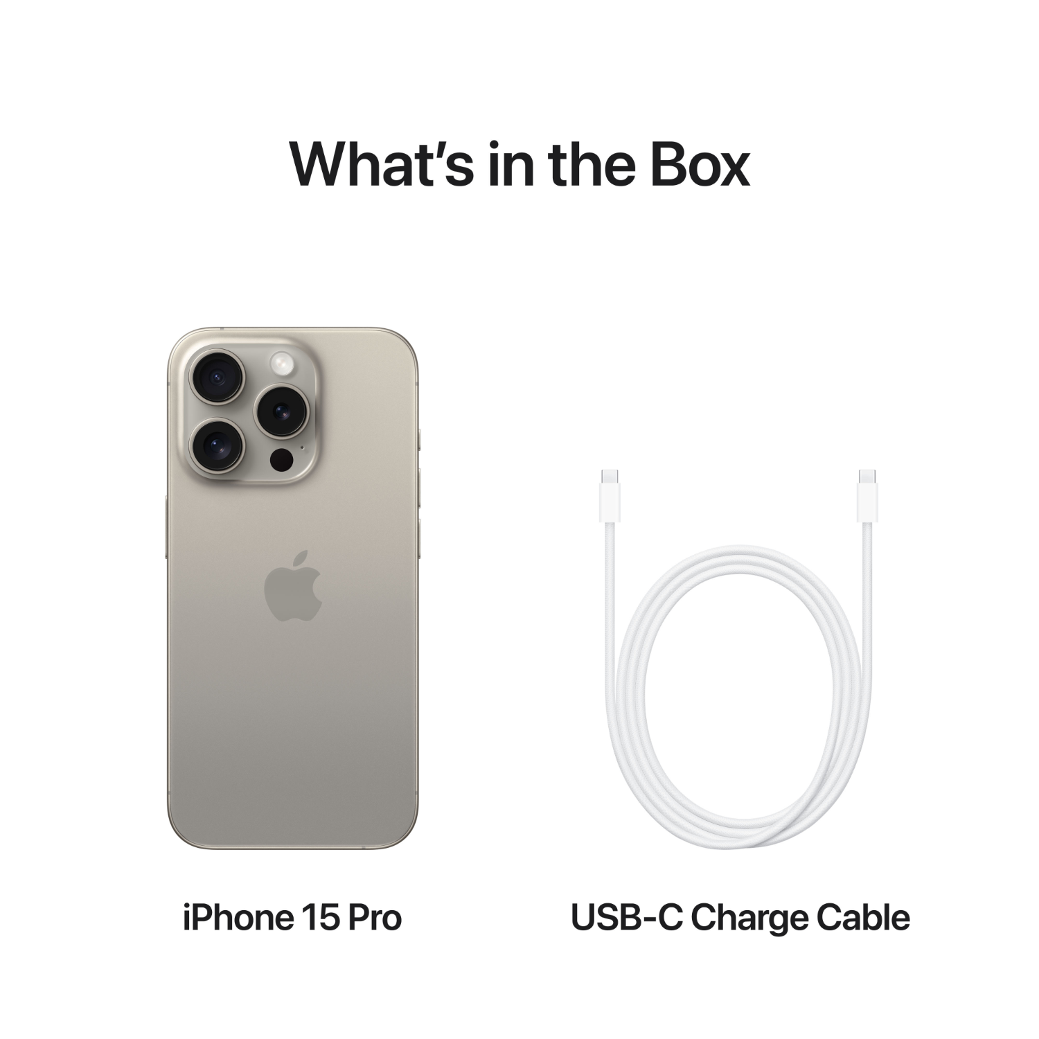 iPhone 15 Pro en USB-C oplaadkabel op een witte achtergrond, productinhoud getoond.