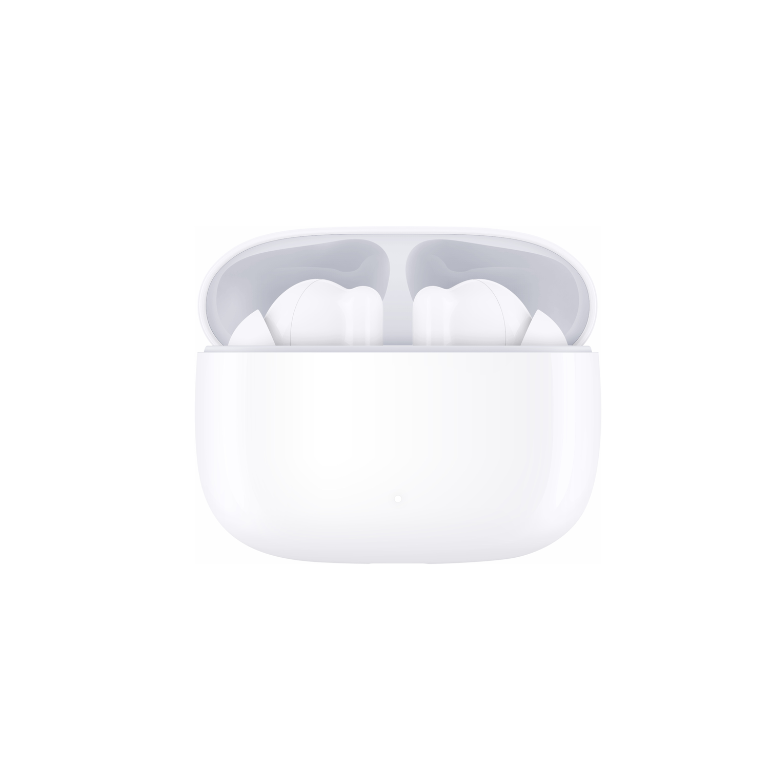 Witte draadloze oortelefoons in een open witte oplaadcase. De case staat op een witte achtergrond. De oortelefoons zijn zichtbaar.