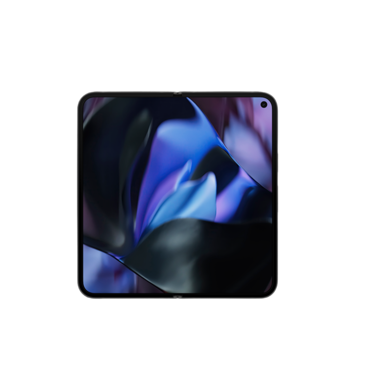 Opgevouwen telefoon open, met een donkere achtergrond en een scherm met een kleurrijk, abstract ontwerp.