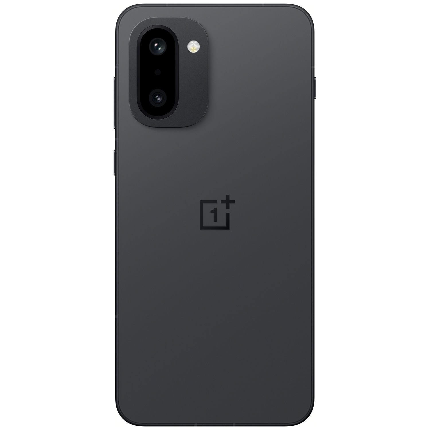 De achterkant van een donkergrijze smartphone. Het heeft een camerabult aan de bovenkant met twee lenzen en een flitser. Het OnePlus-logo is zichtbaar.