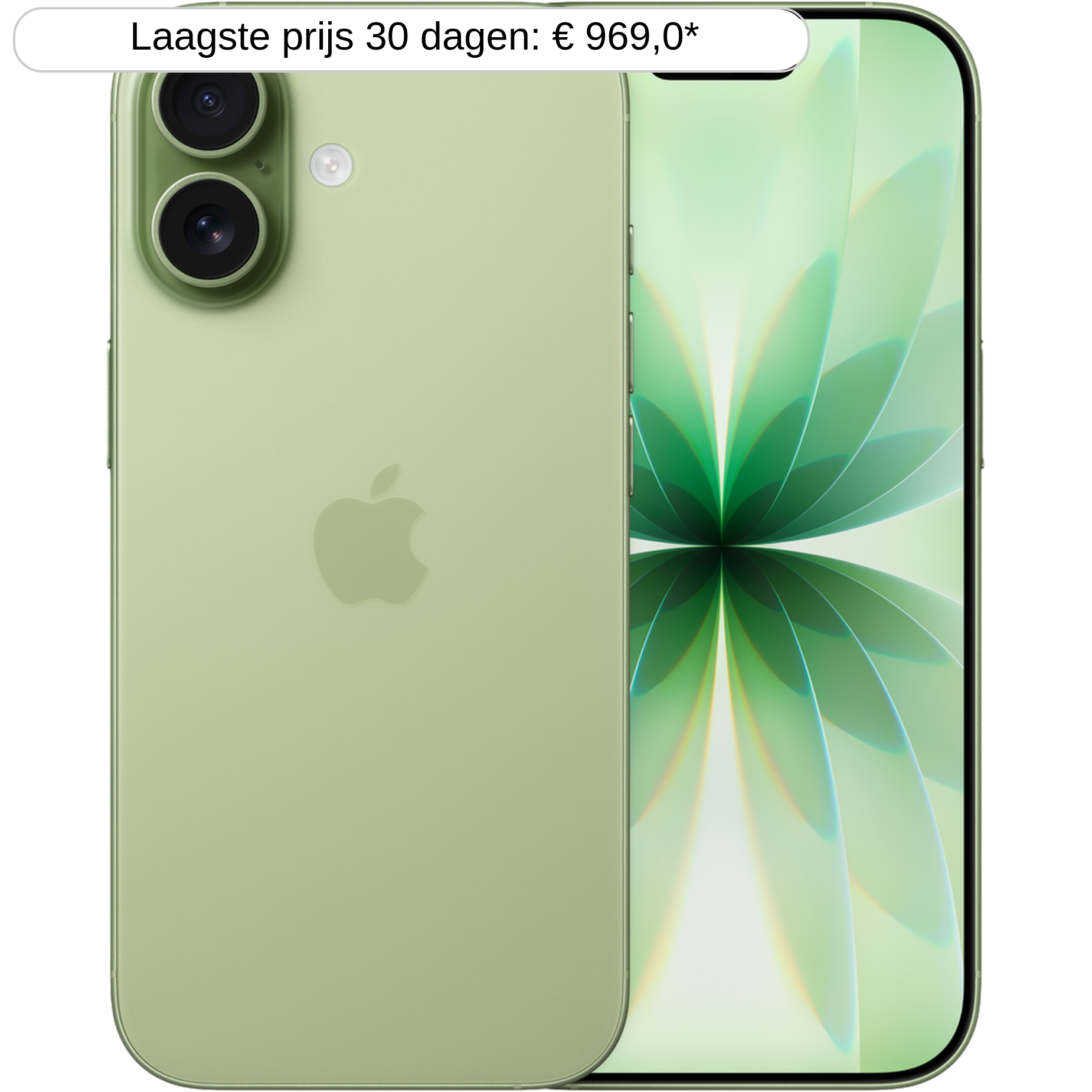 Groene iPhone. Achterkant toont Apple-logo, dubbele camera's en flitser. Scherm toont groen bloemendesign. Witte achtergrond.