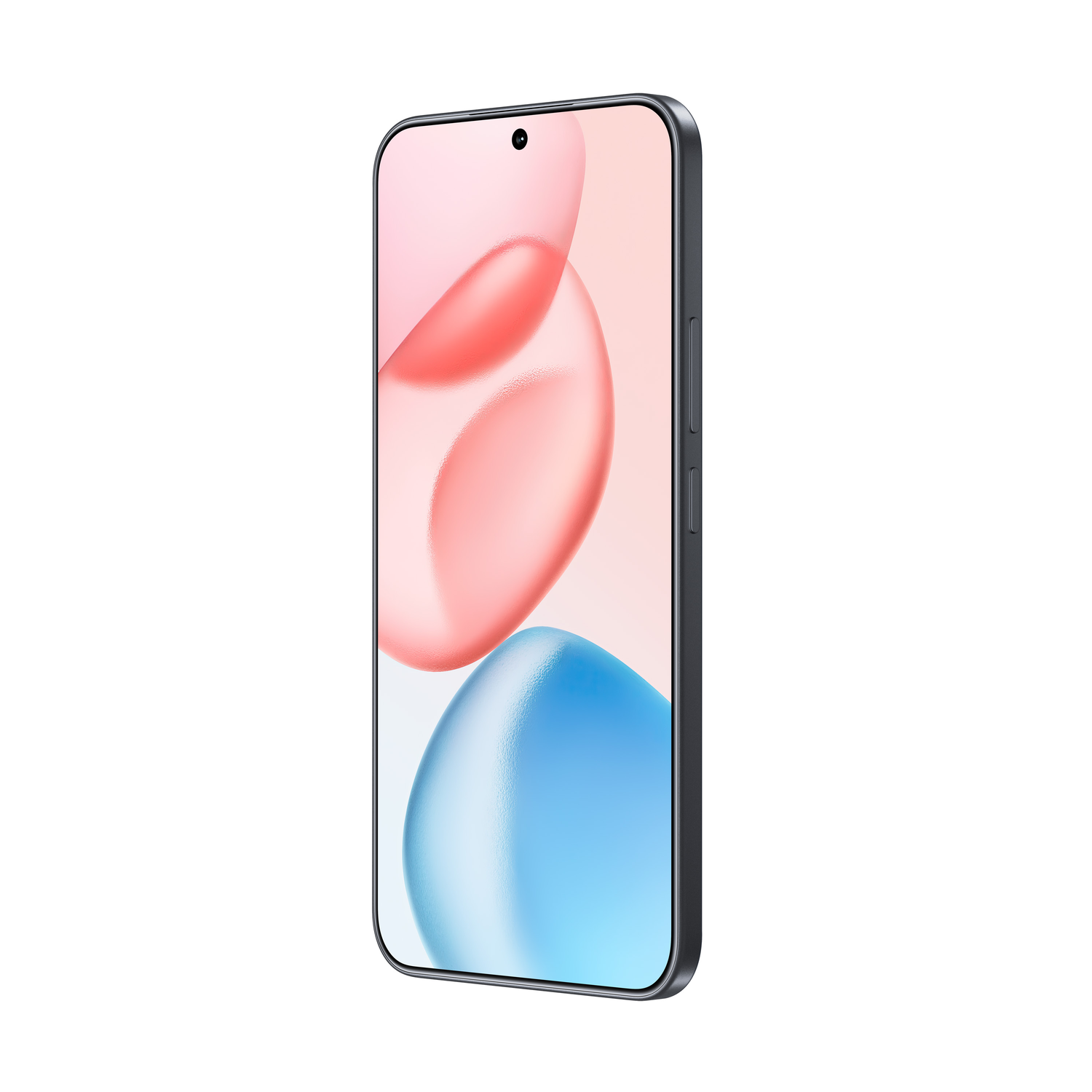 Telefoon, bovenaanzicht. Dubbele camera's en Honor-logo. Zwart apparaat, witte achtergrond.
