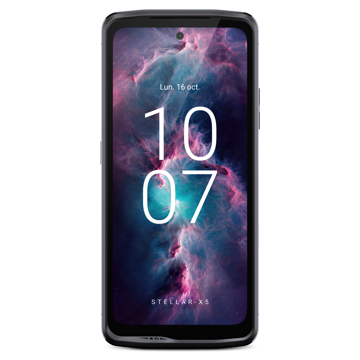 Een smartphone met de tijd en datum op een ruimtevaartthema-achtergrond. De telefoon is zwart.