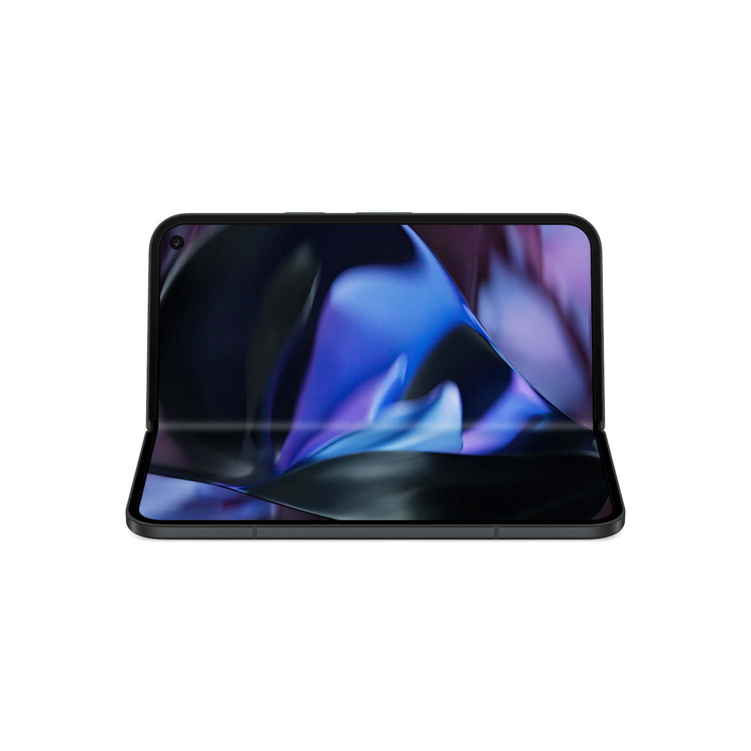 Opvouwbare telefoon met open scherm, met een paarse en blauwe abstracte achtergrond.