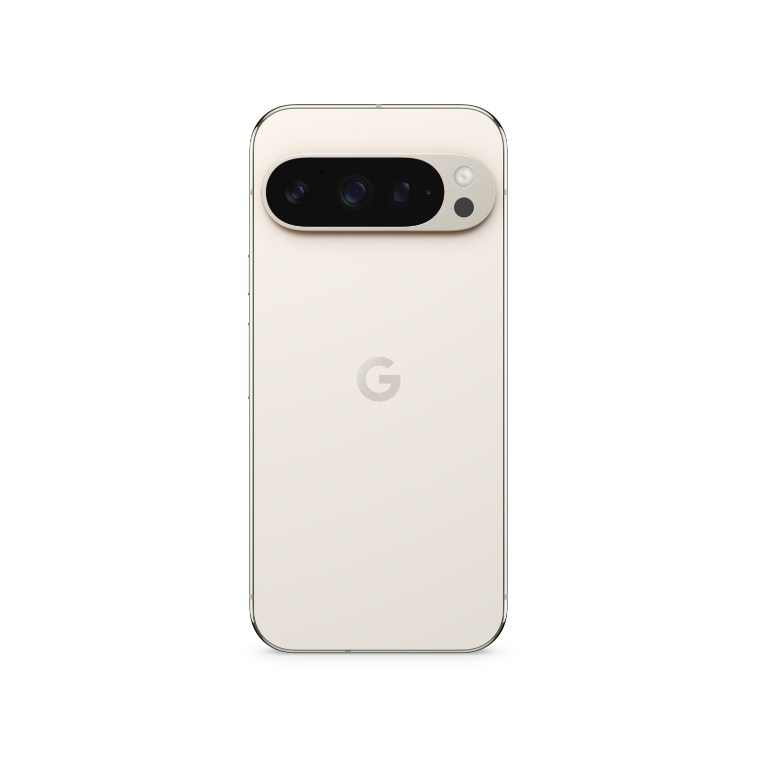 Een crème-kleurige smartphone achterkant met een camerabalk, lenzen en een flitser, en een 'G'-logo eronder.