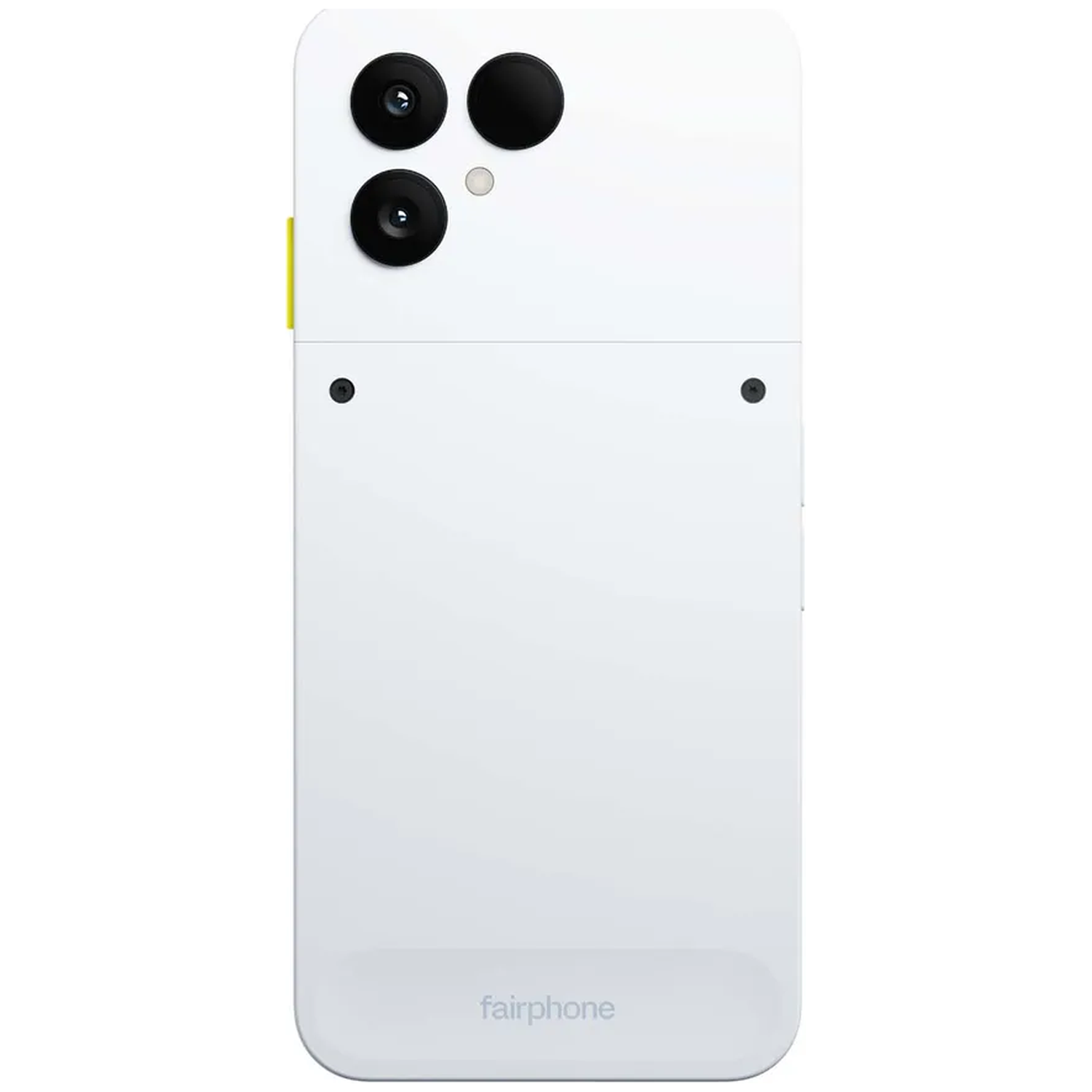 Witte smartphone achterkant met drie cameralenzen en een gele schakelaar.