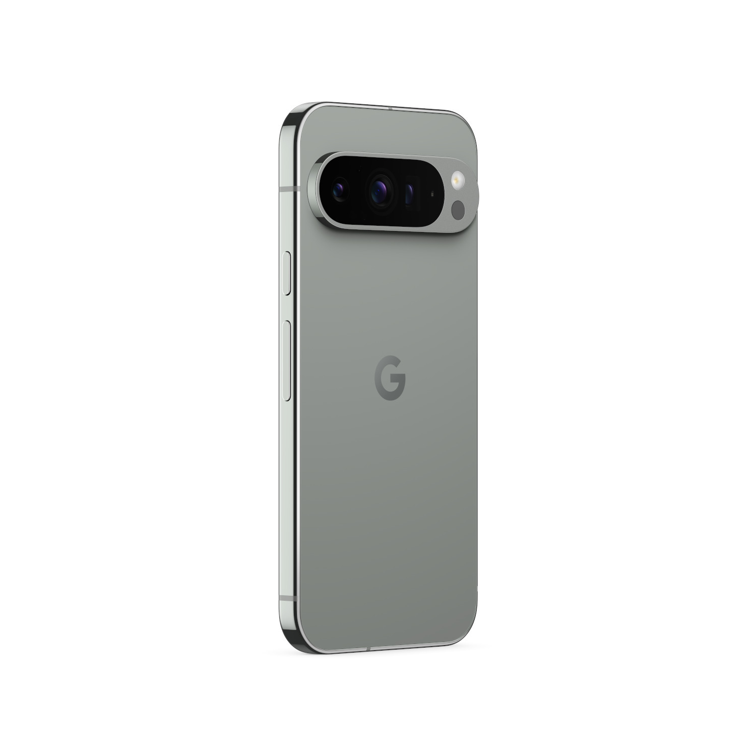 Grijze telefoon, achteraanzicht, met camerabalk en 'G'-logo.