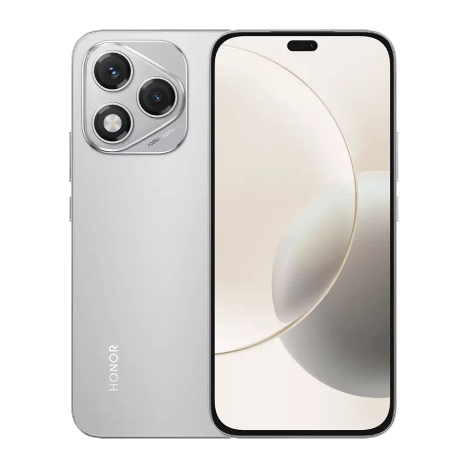 Zilveren Honor smartphone met drievoudige camera en een groot scherm. Witte achtergrond.