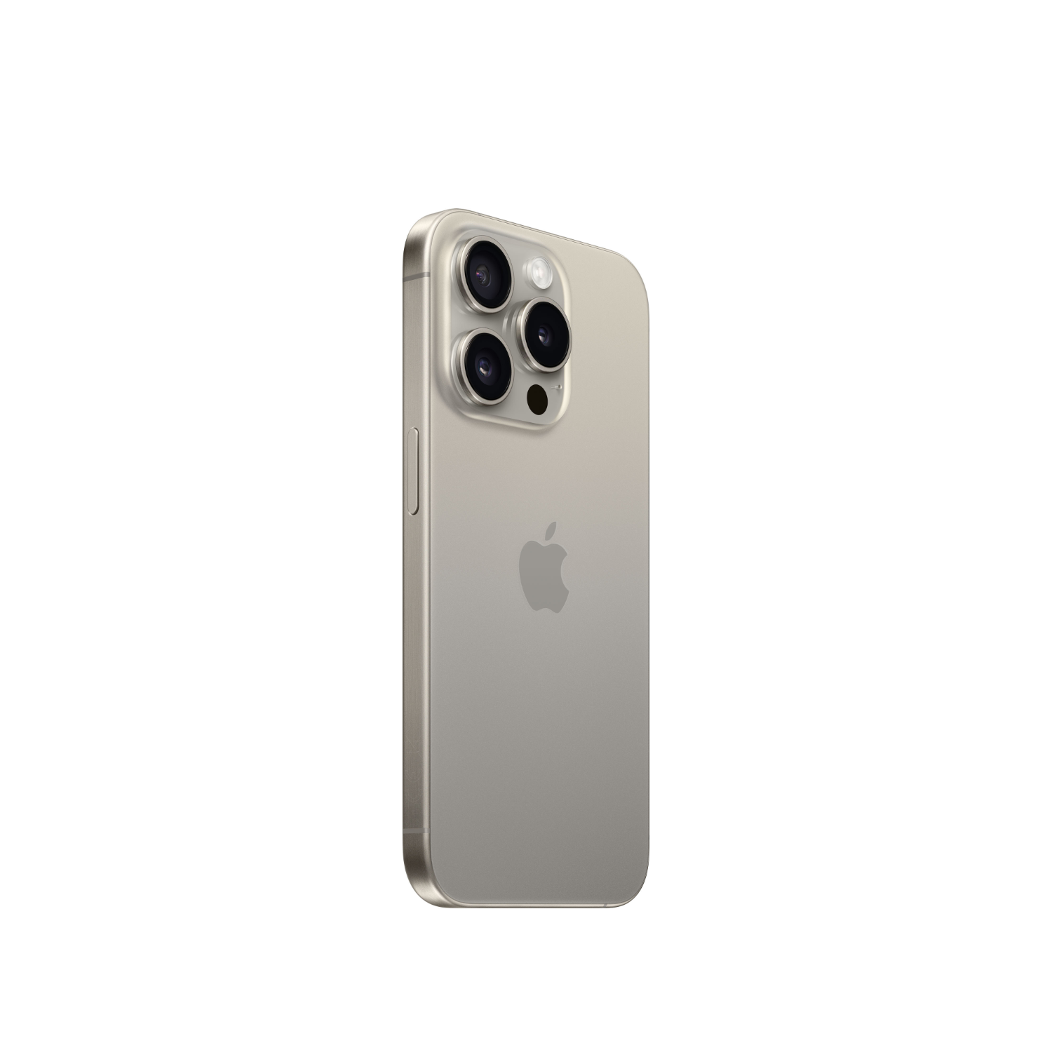 Een lichtgekleurde iPhone, schuin gepositioneerd, met drie camera's en het Apple-logo op de achterkant.