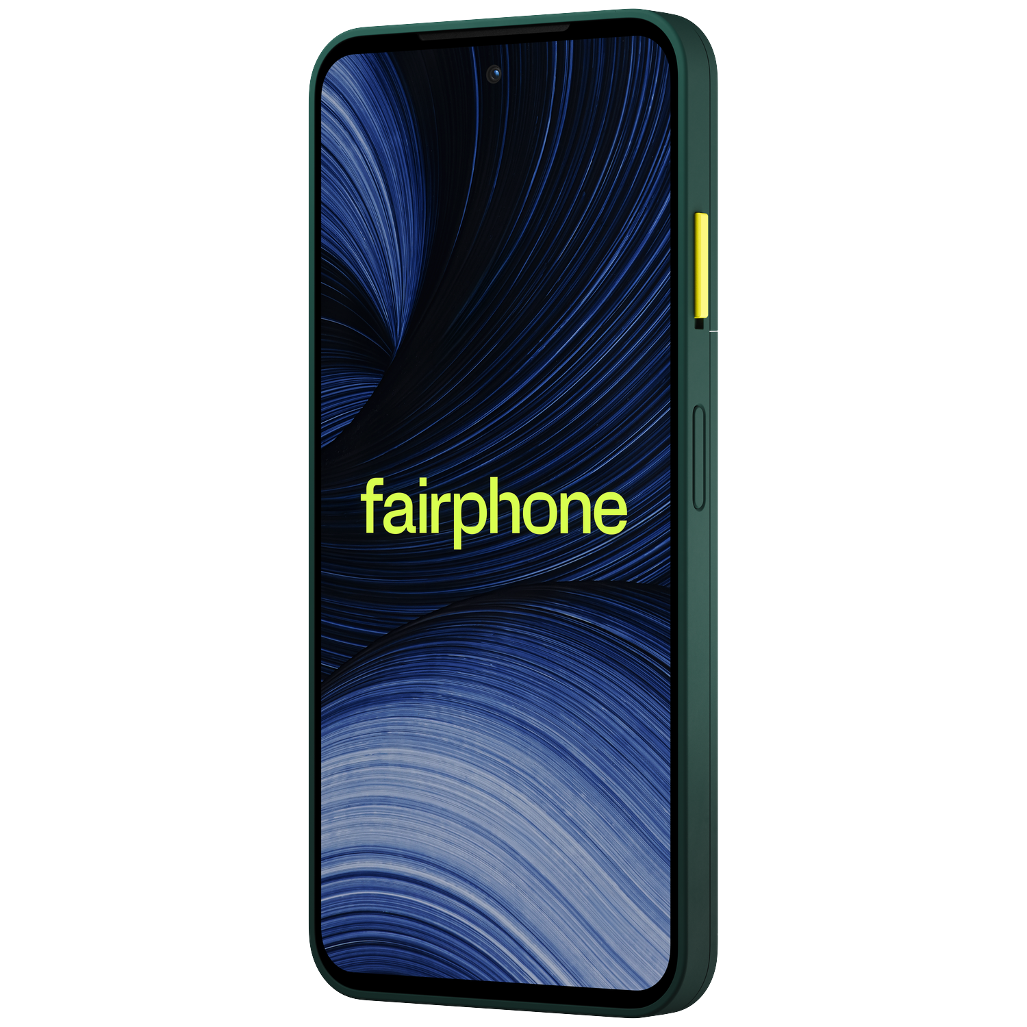 Groene Fairphone met blauw golfscherm en gele aan/uit-knop op zwarte achtergrond.