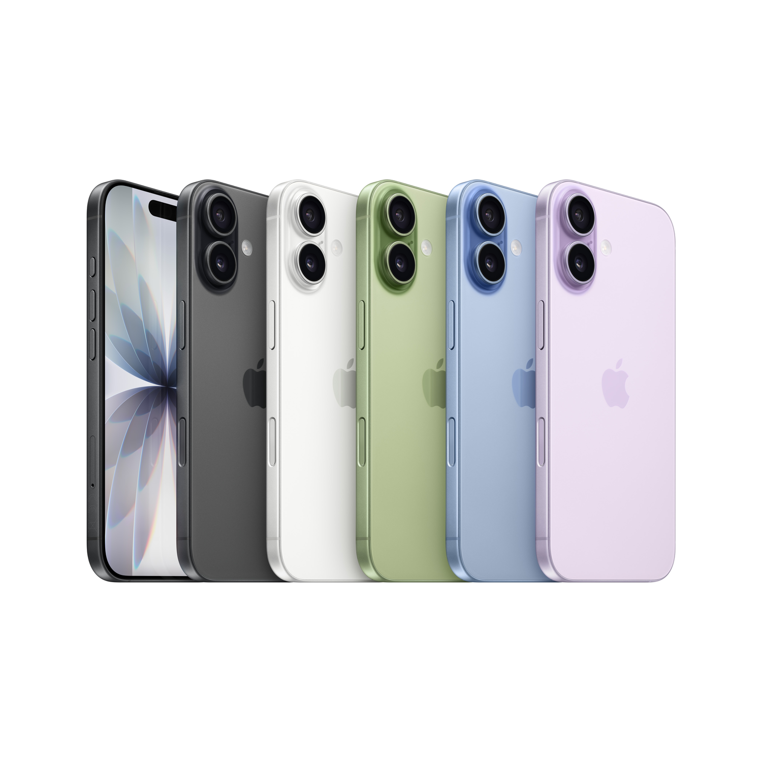 Zes smartphones worden weergegeven. Ze hebben verschillende kleuren: zwart, grijs, wit, groen, blauw en paars. Elke telefoon heeft twee camera's.
