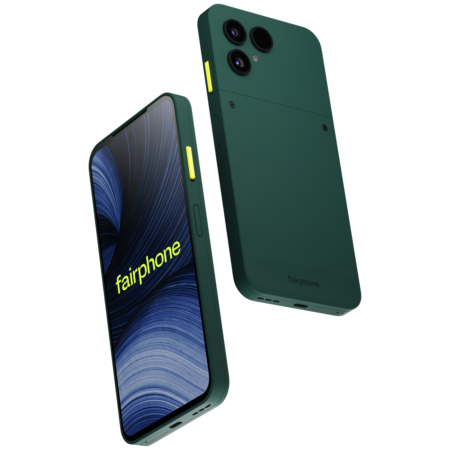 Twee donkergroene Fairphones tegen een zwarte achtergrond, met een abstract scherm en achtercamera.