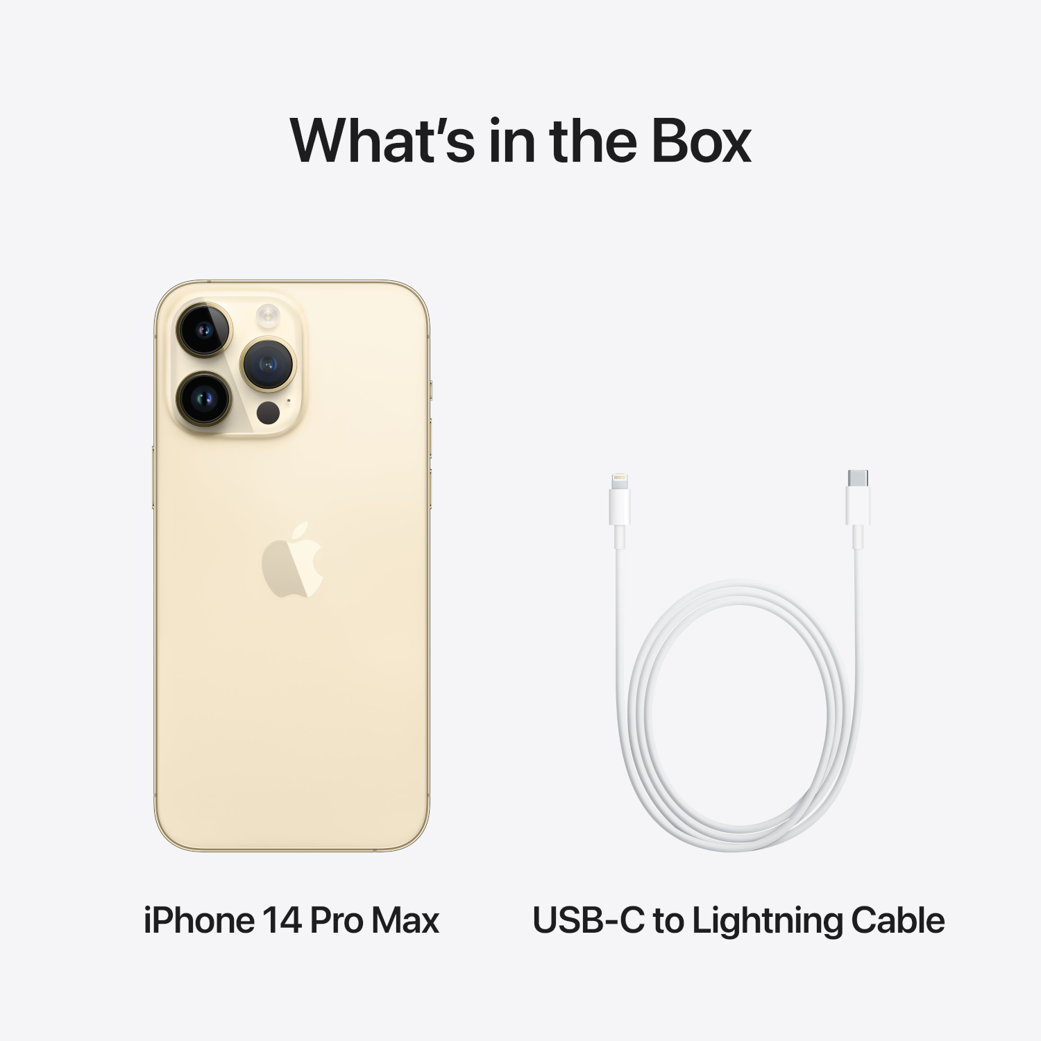 Gouden iPhone 14 Pro Max en een witte USB-C-naar-Lightning-kabel op witte achtergrond.