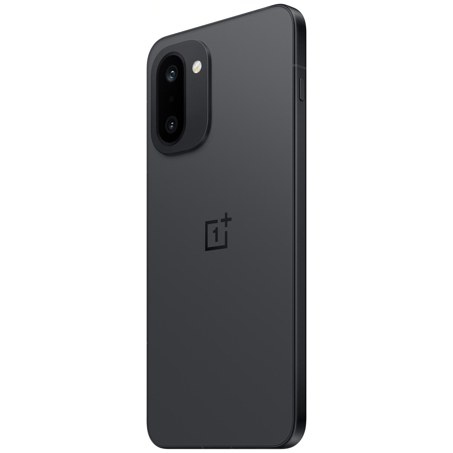 Een donkergrijze smartphone wordt in een hoek getoond. Het OnePlus-logo is zichtbaar. De camera bevindt zich aan de bovenkant van de telefoon.