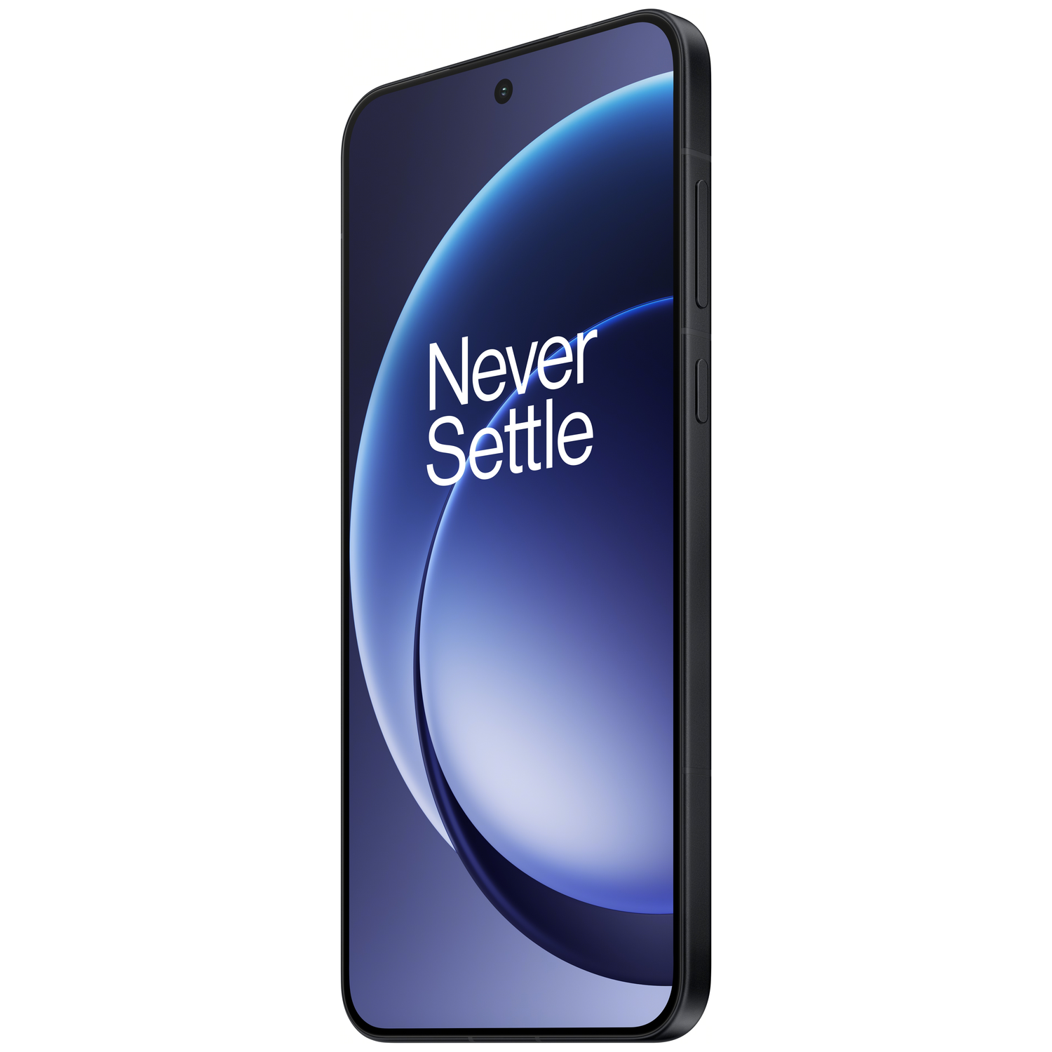 Een zwarte smartphone met een gebogen scherm, met een blauw-witte afbeelding met de woorden 'Never Settle'. De telefoon staat schuin.