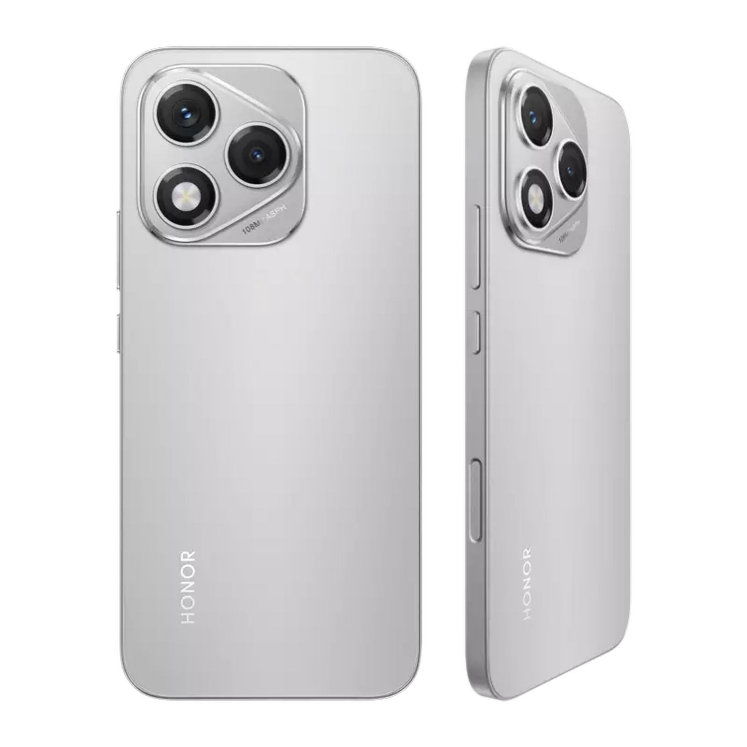 Twee weergaven van een zilveren Honor smartphone met drievoudige camera en 108MP-ASPH.