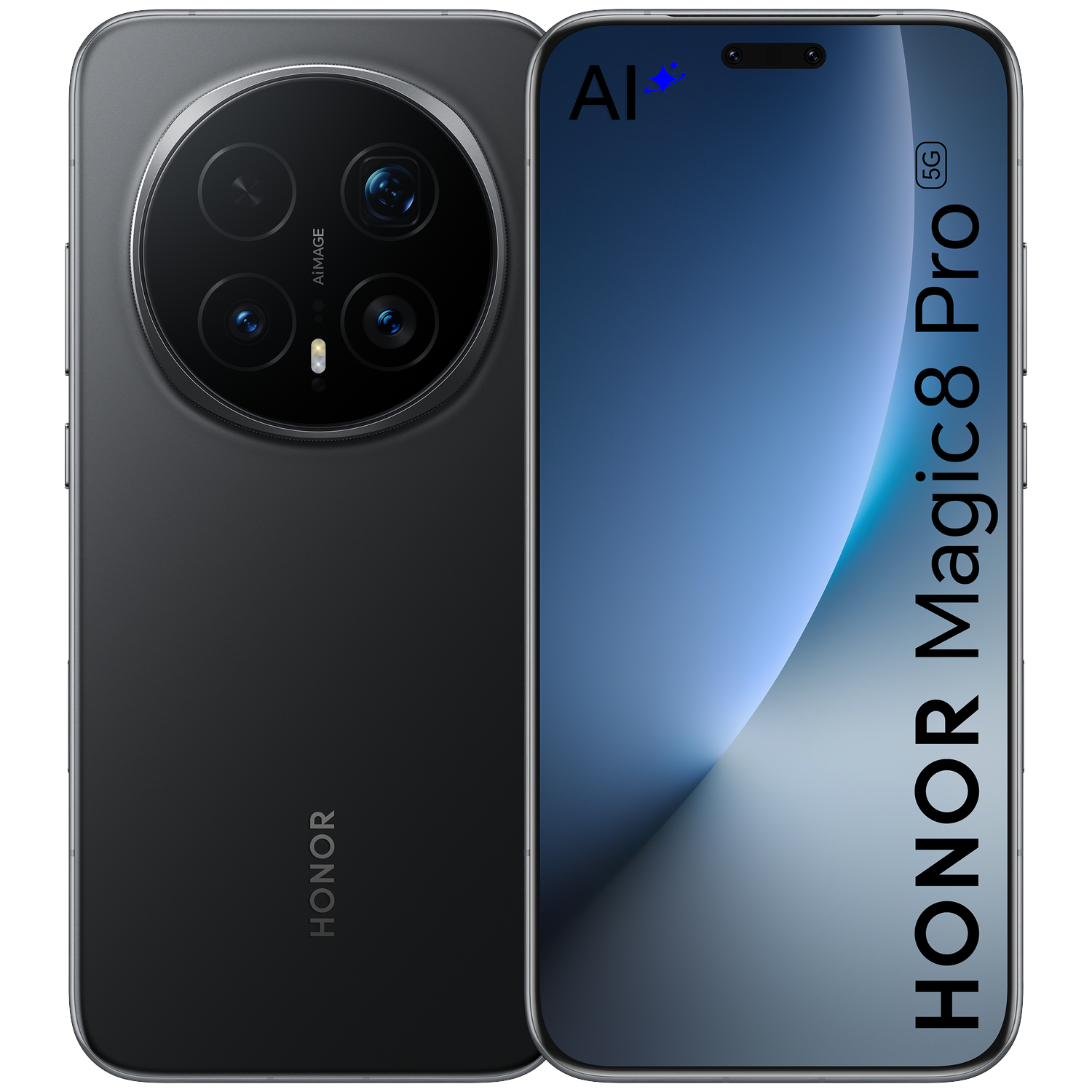 Zwarte Honor Magic 8 Pro 5G smartphone, achterkant met drievoudige camera, voorkant met AI-logo.