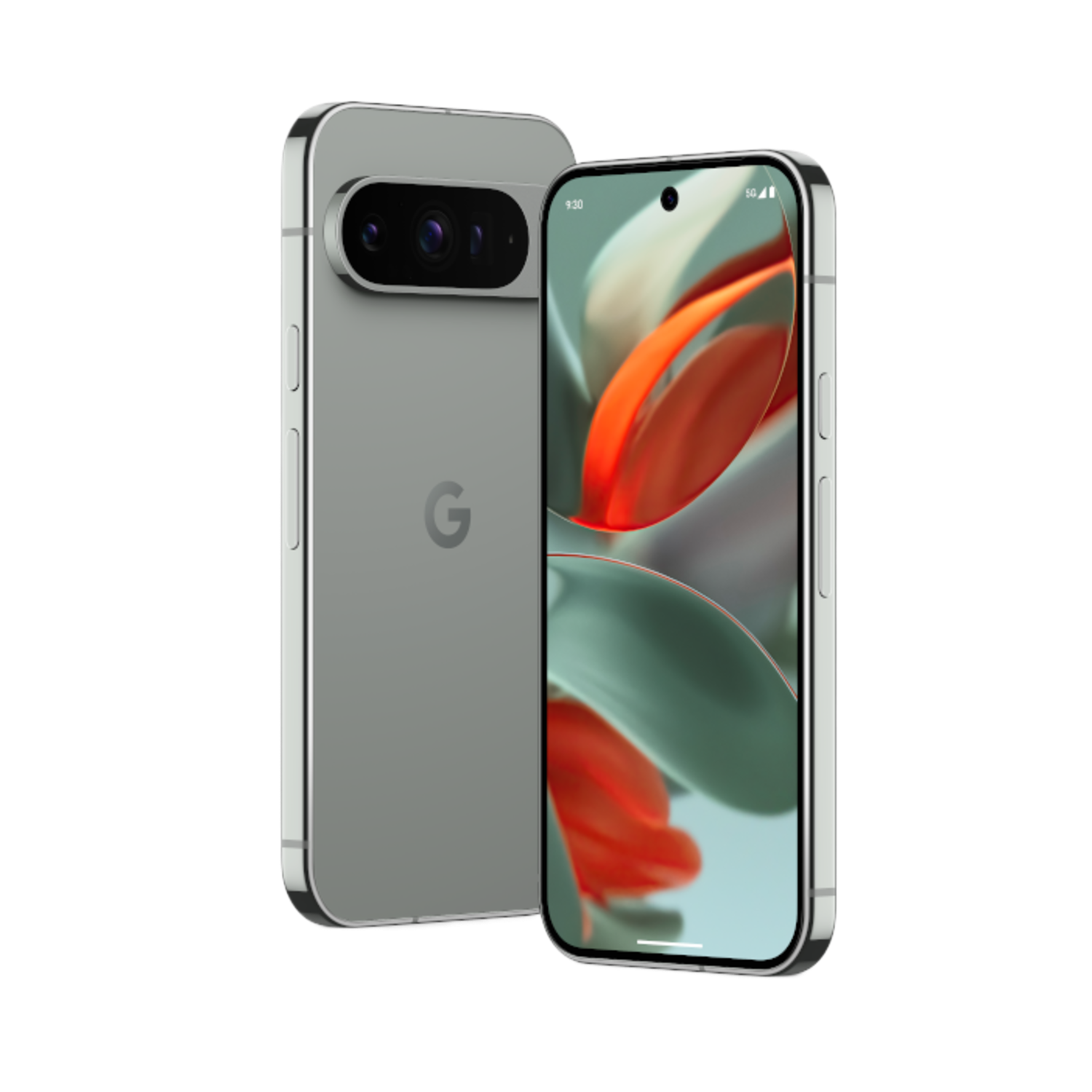 Groene Google-telefoon. Achteraanzicht met camera's, vooraanzicht: oranje en groen ontwerp, gebogen scherm.