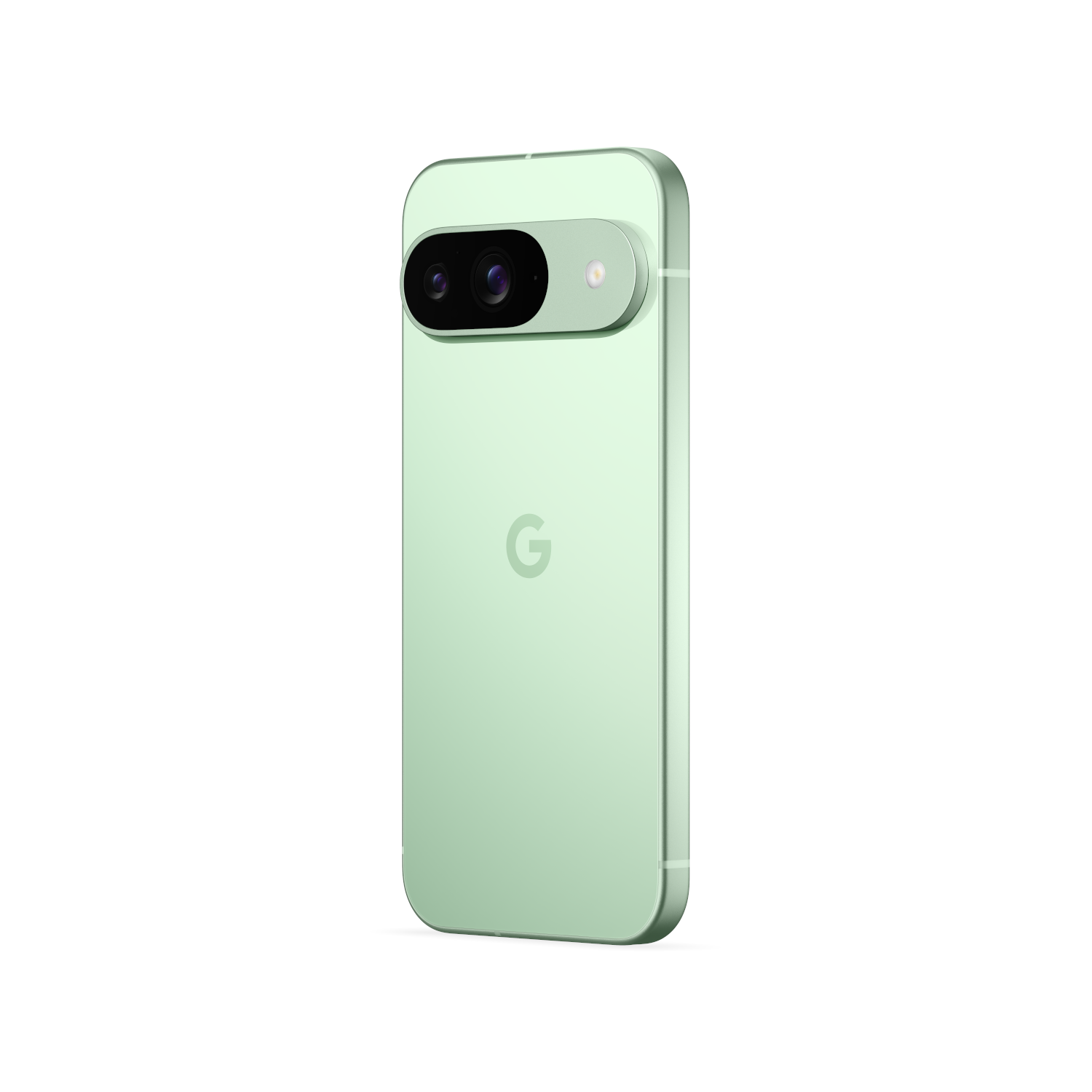 Mintgroene Google-telefoon met camerabalk en Google-logo op de achterkant.