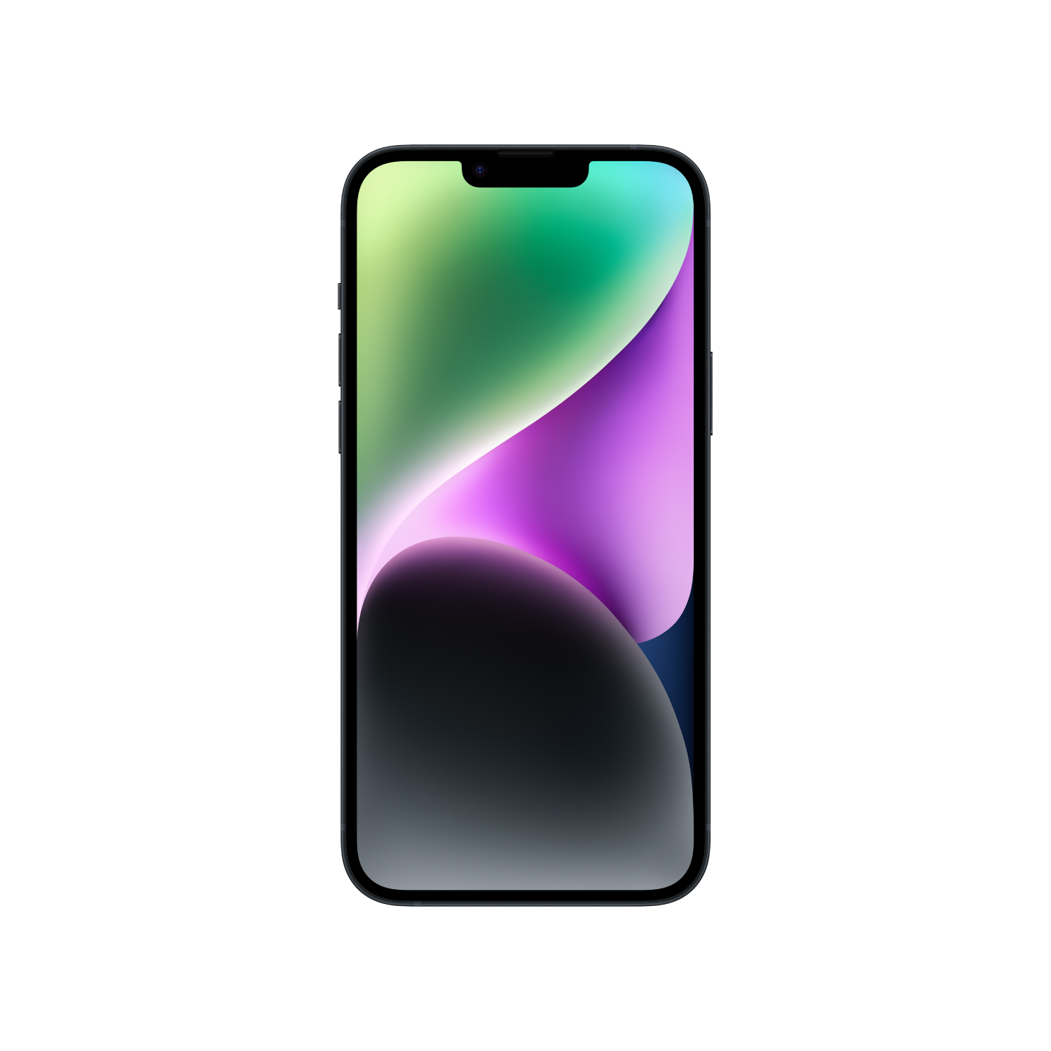 Een zwarte telefoon met een kleurrijk display. Het scherm toont tinten groen, paars en zwart.