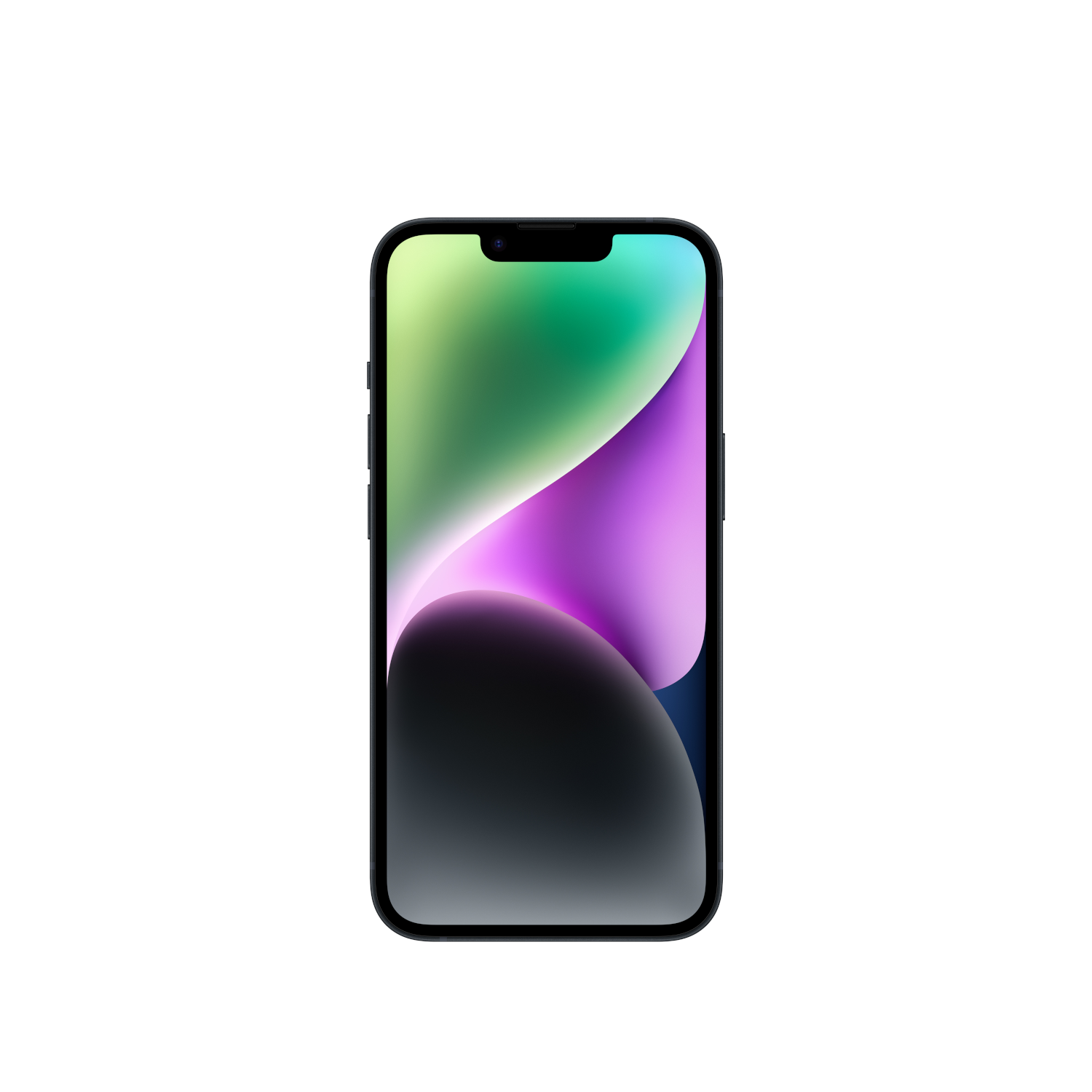 Een zwarte iPhone 14 op een witte achtergrond. Het scherm toont een kleurverloop.
