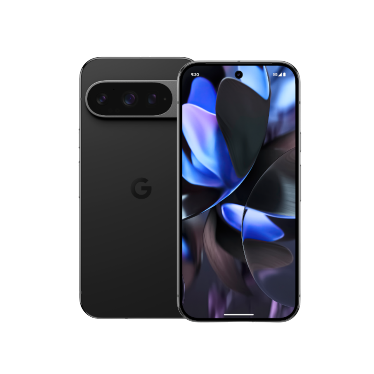 Zwarte smartphone voor en achter. Scherm toont abstract ontwerp met blauwe en paarse kleuren.