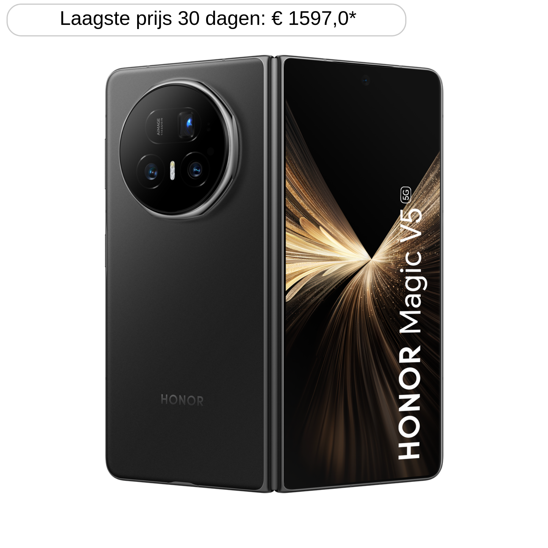 Zwarte HONOR Magic V5 5G smartphone, opgevouwen, met het scherm en de camera. De telefoon staat op een zwarte achtergrond.