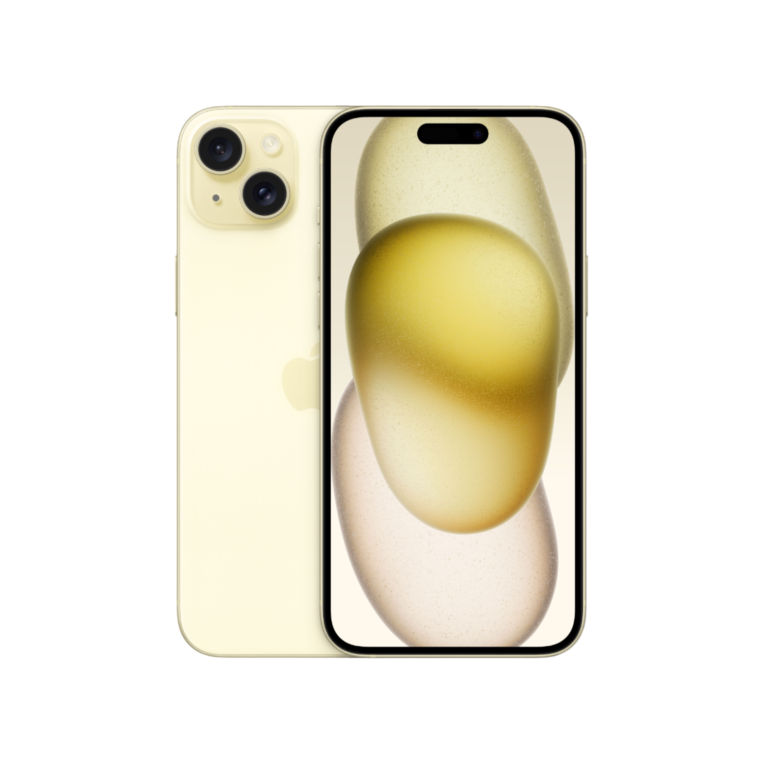 Een gele iPhone met twee camera's aan de achterkant, het scherm toont een achtergrond.