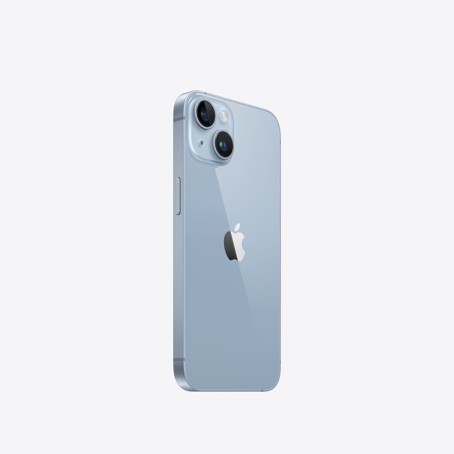 Lichtblauwe telefoon van achteren, met camera's en het Apple-logo.