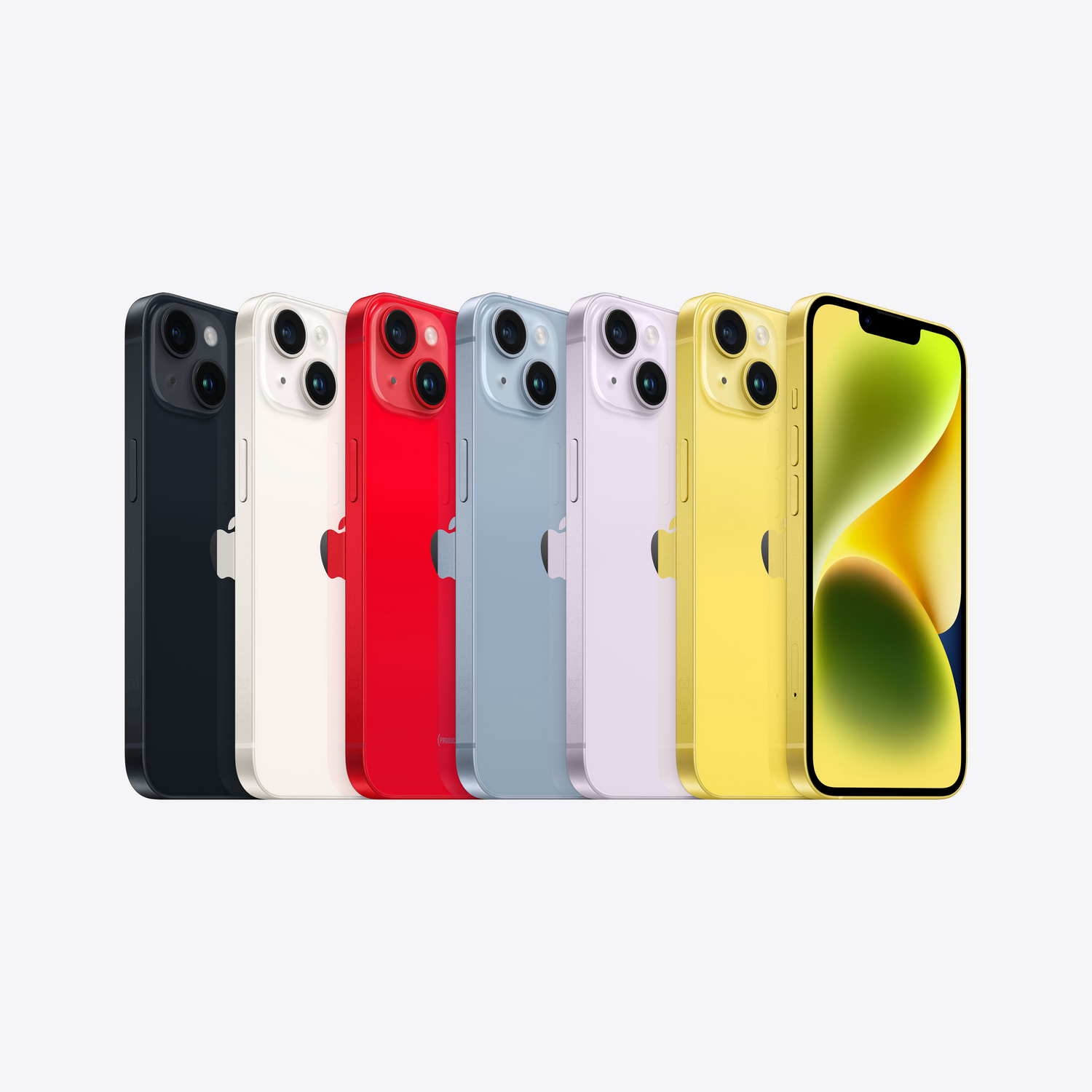 Een rij van zeven gekleurde telefoons, in zwart, wit, rood, blauw, paars, geel.