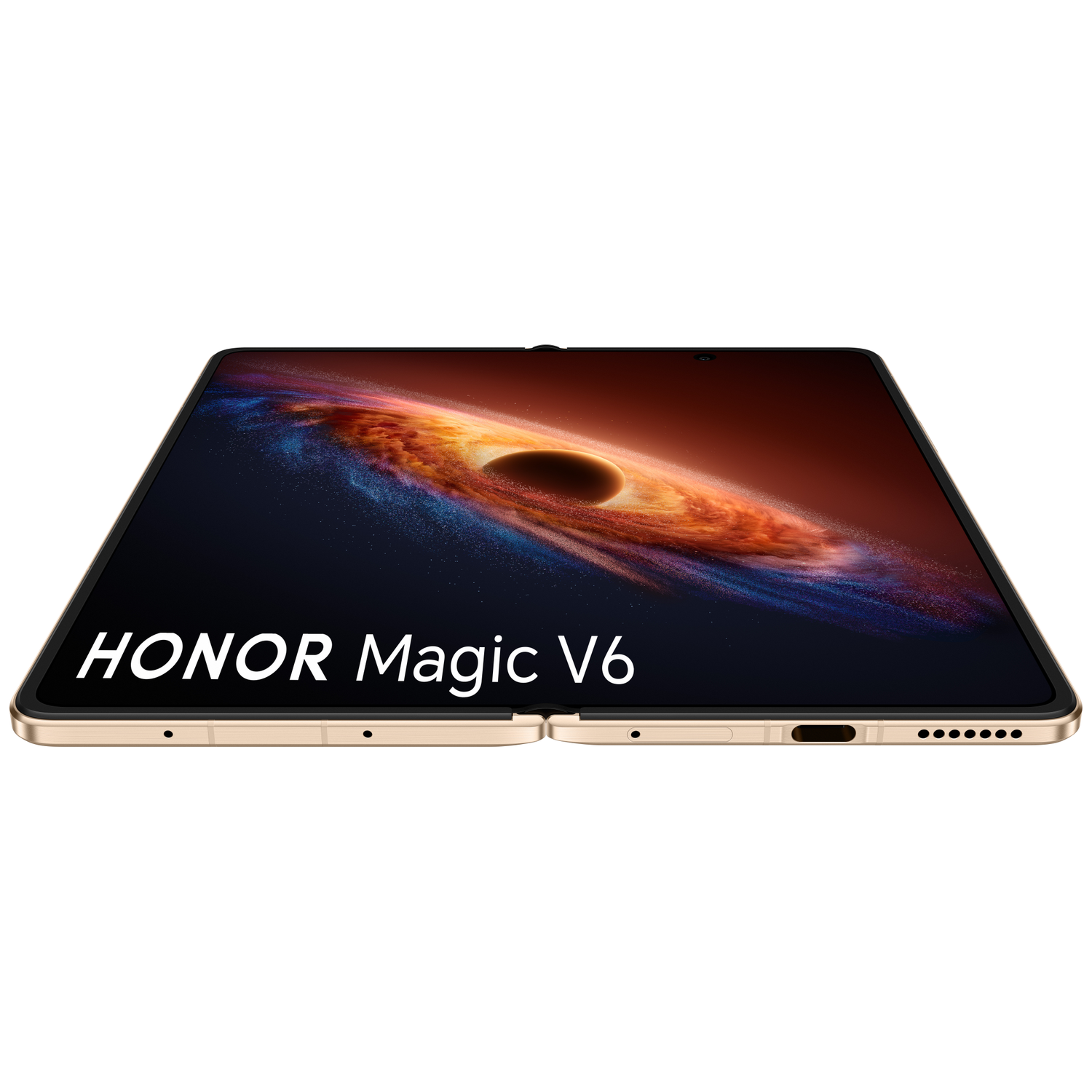 Een HONOR Magic V6 opvouwbare smartphone met gouden frame op witte achtergrond.