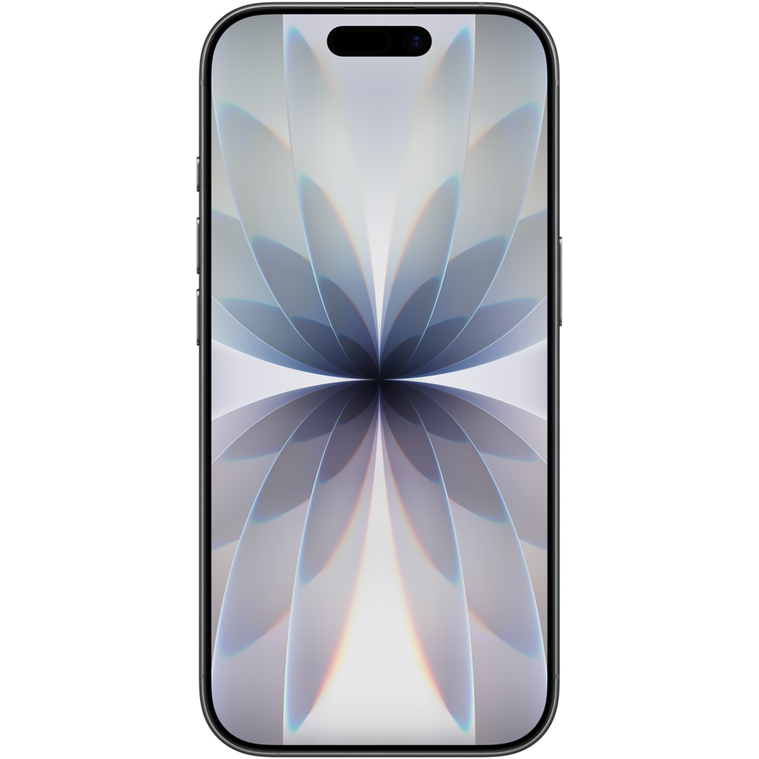 Een zwarte smartphone toont een lichtgekleurd, abstract bloemmotief. De telefoon heeft een zwarte rand en een inkeping voor de camera aan de bovenkant.