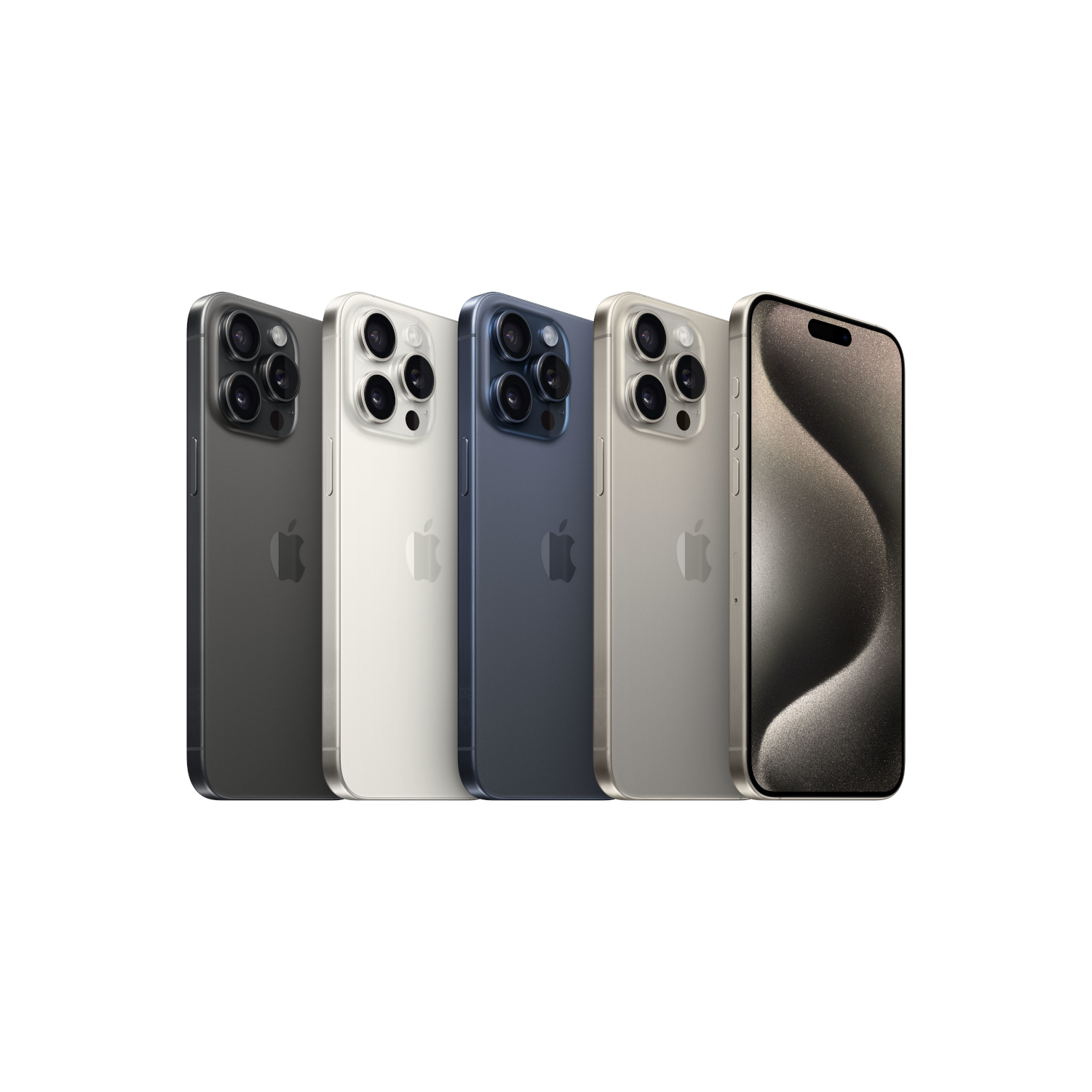 Meerdere iPhones op een rij. Elke telefoon heeft verschillende kleuren. De telefoon rechts heeft een scherm.